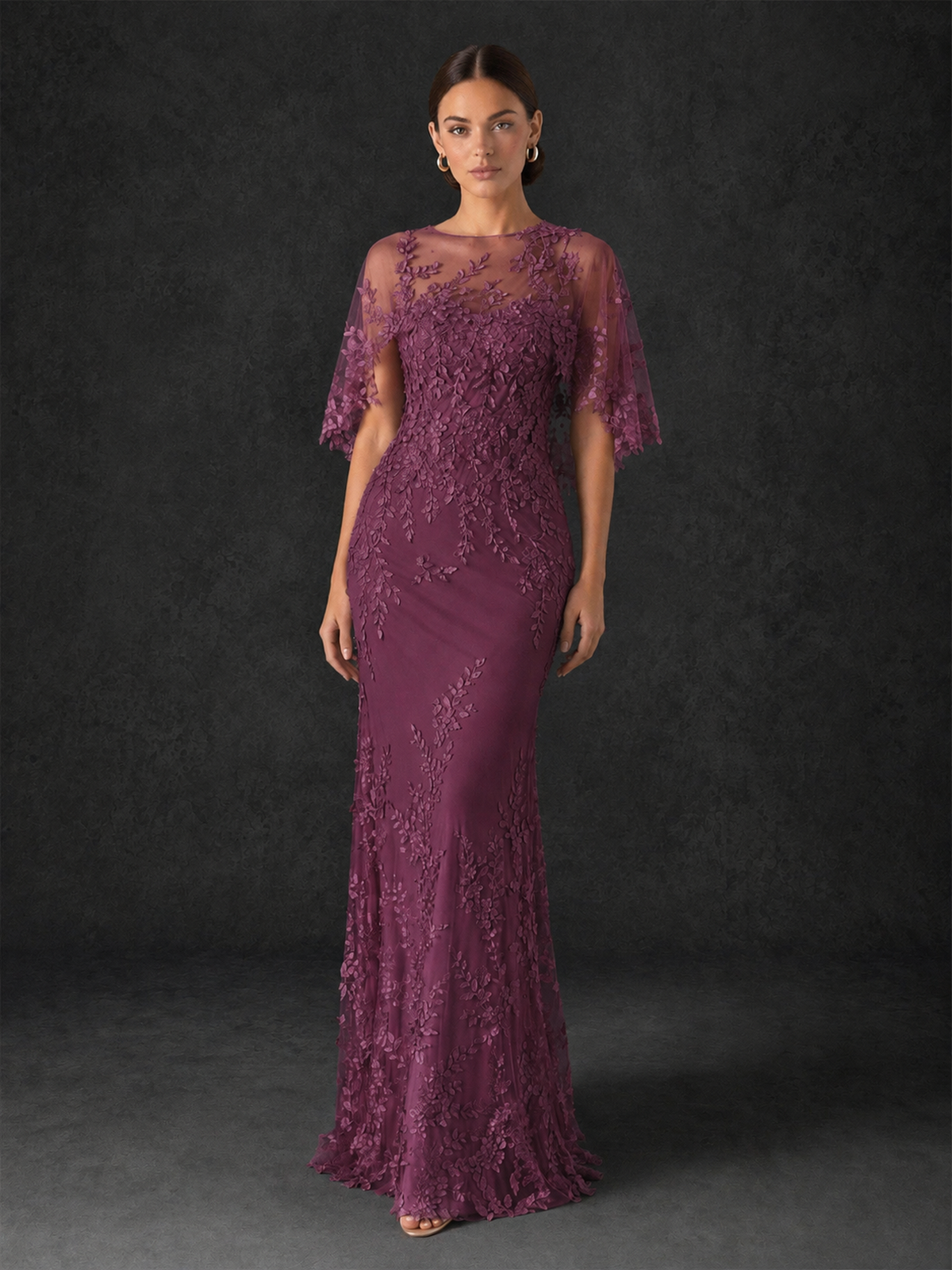 BOLODOO Mocha Rose Botanical Lace Flutter Sleeve Mermaid Gown - Plum - Plum
