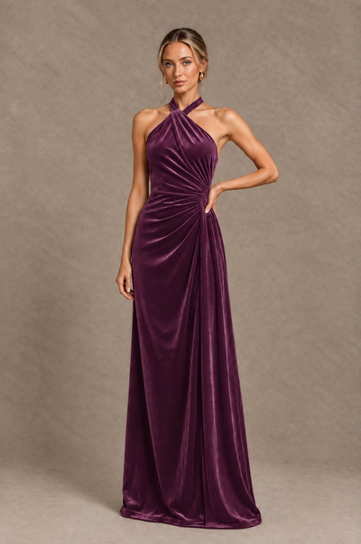 BOLODOO Plum Velvet Halter Open-Back Ruched Evening Dress - Plum - Plum_1