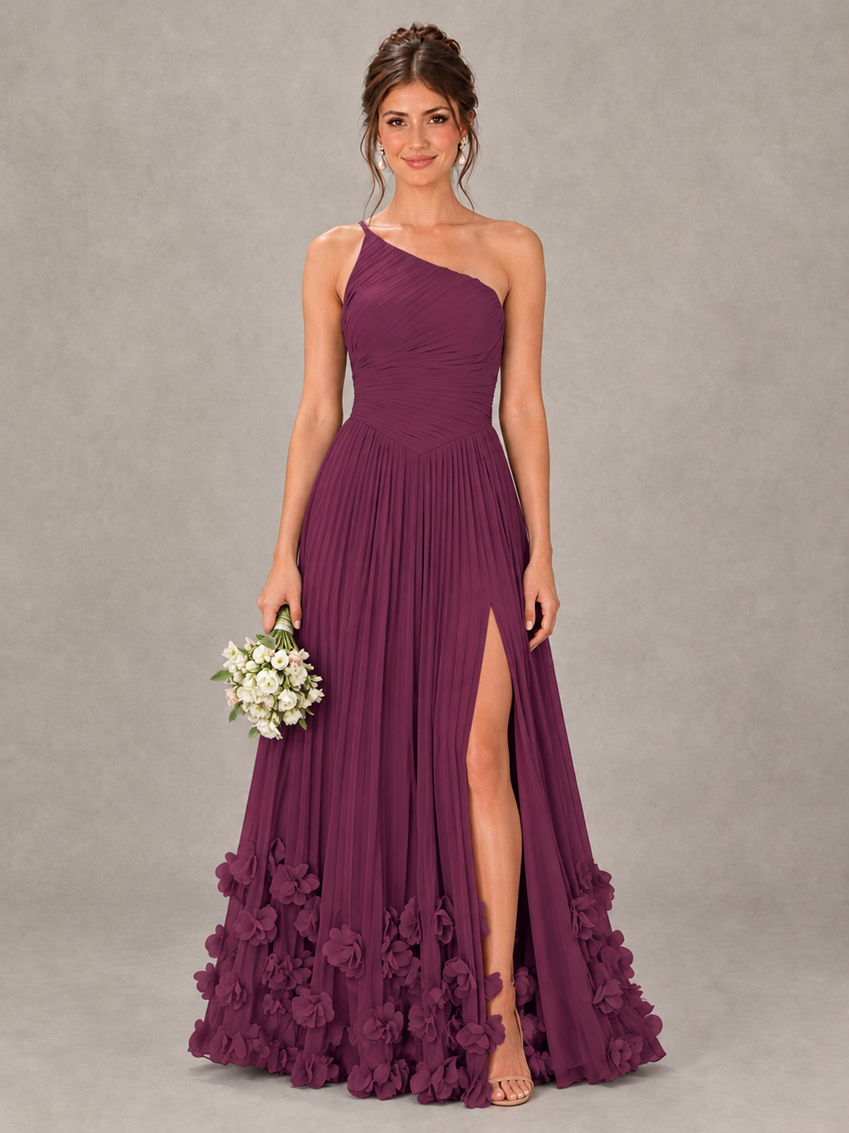 BOLODOO Plum One-Shoulder Pleated Bridesmaid Dress with 3D Floral Hem - Plum - Plum_1