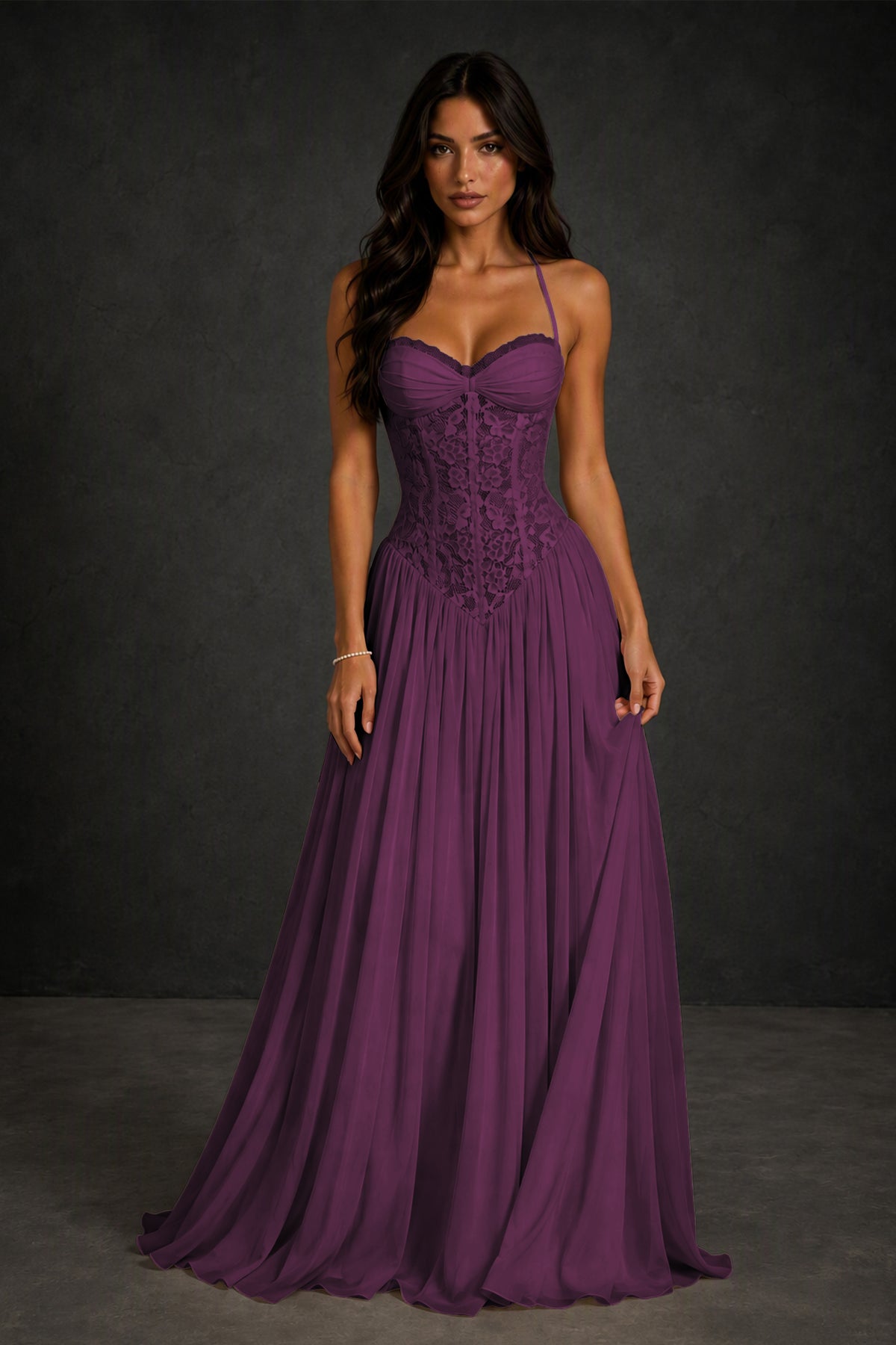 BOLODOO Plum Lace Corset Halter Maxi Gown – Backless A-Line Formal Dress - Plum