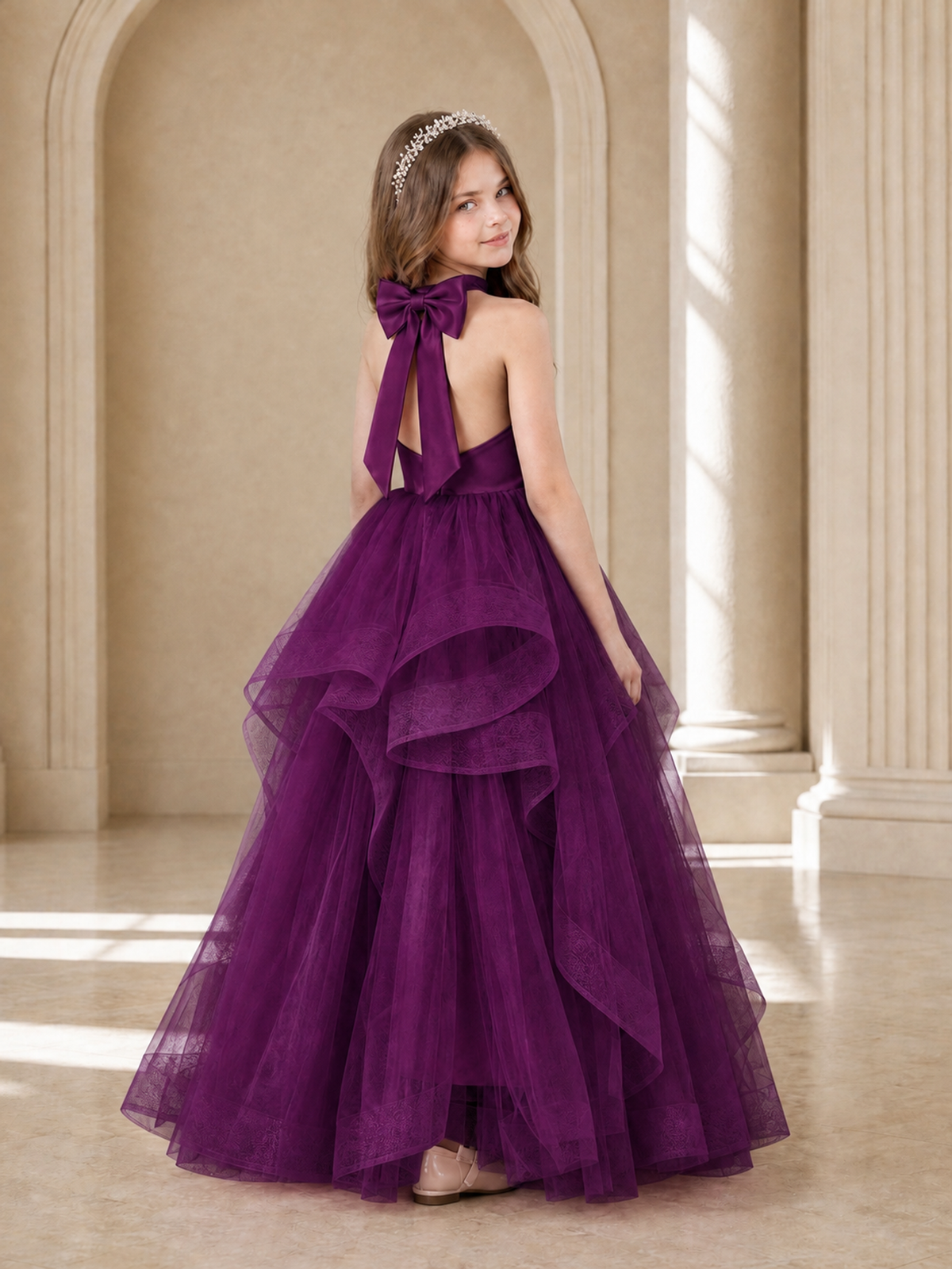 BOLODOO Plum Halter Tiered Tulle Flower Girl Dress with Bow Back - Plum - Plum_1