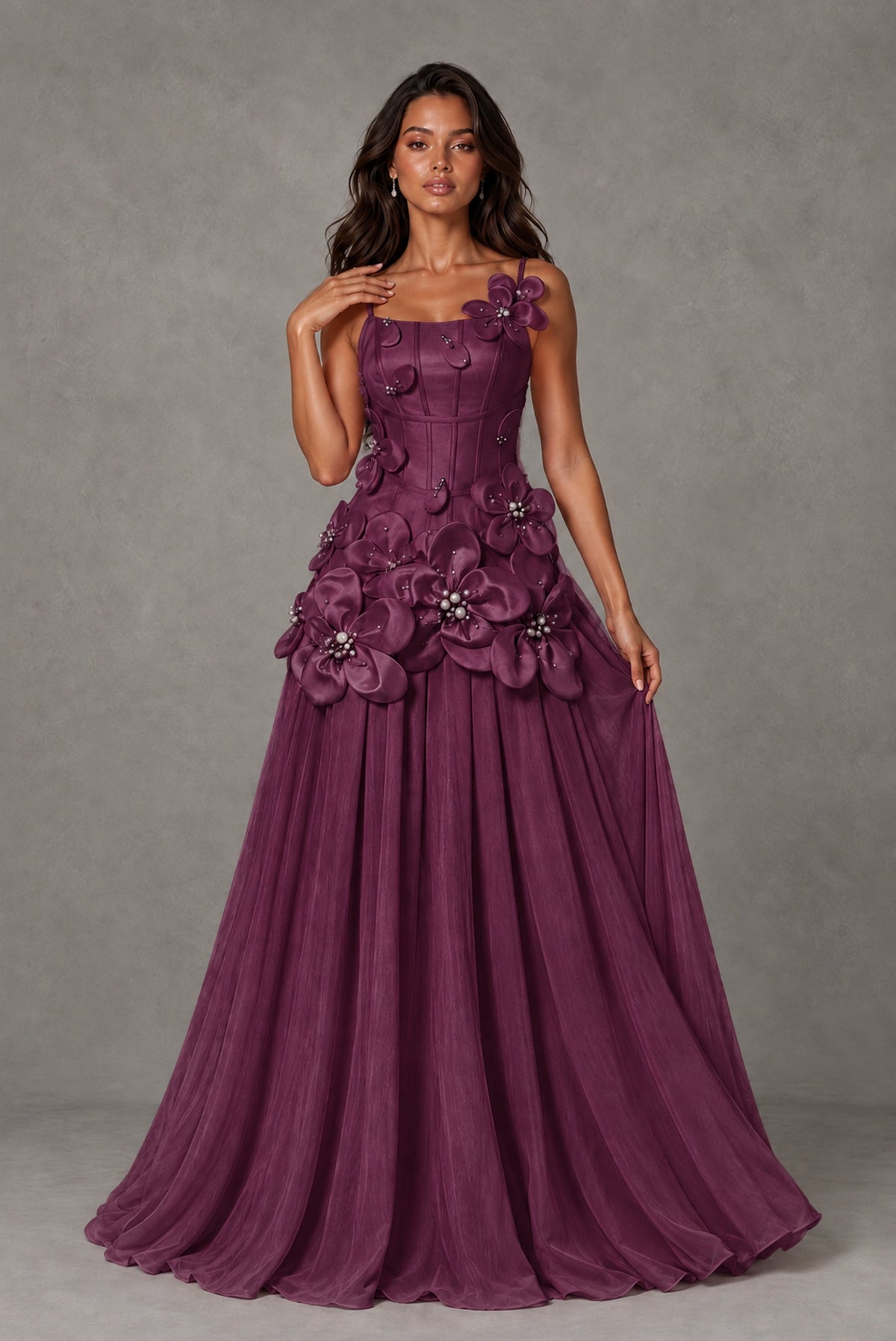 BOLODOO Plum 3D Floral Appliqué Floor-Length A-Line Evening Gown - Plum