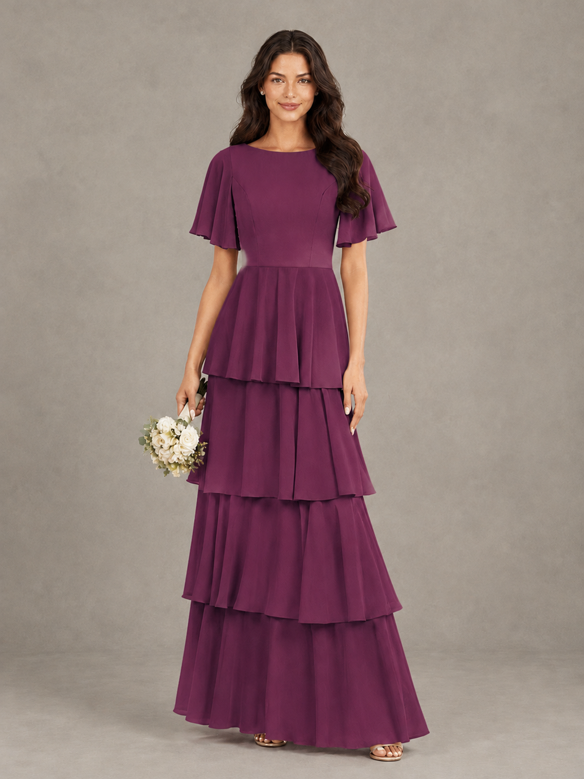 BOLODOO Plum Tiered Flutter Sleeve Bridesmaid Dress - Plum - Plum_1