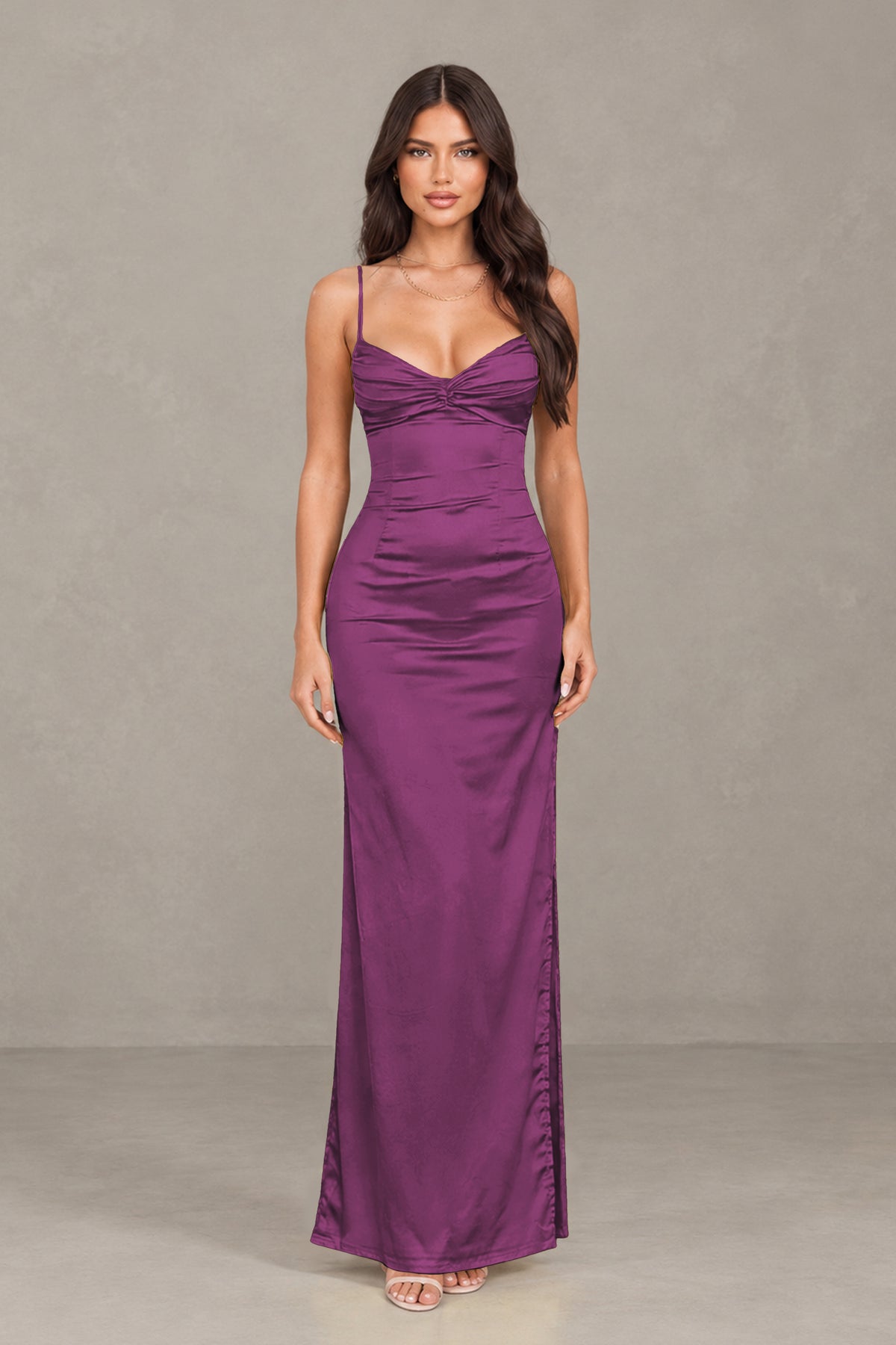 BOLODOO Plum Satin Cowl Neck Open Back Mermaid Maxi Dress with Side Slit - Plum