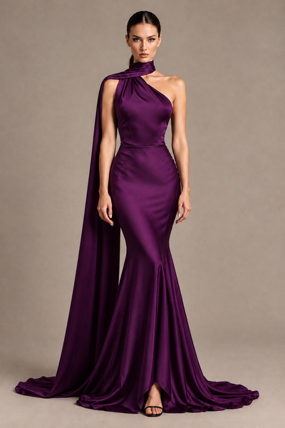 BOLODOO Plum One-Shoulder Satin Mermaid Evening Dress with Scarf - Plum - Plum_1