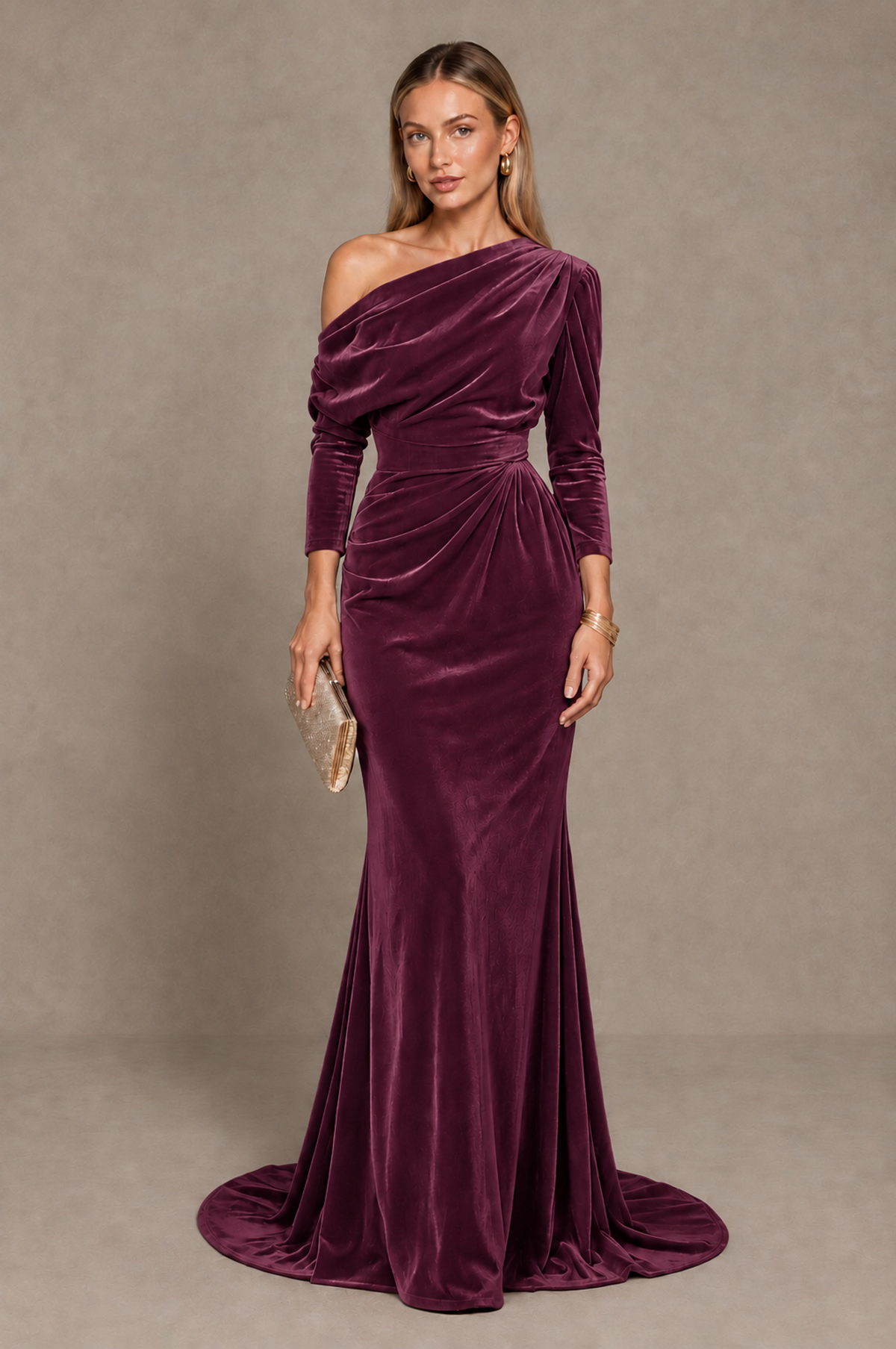 BOLODOO Plum Velvet Asymmetric Neck Mermaid Evening Dress - Plum - Plum_1