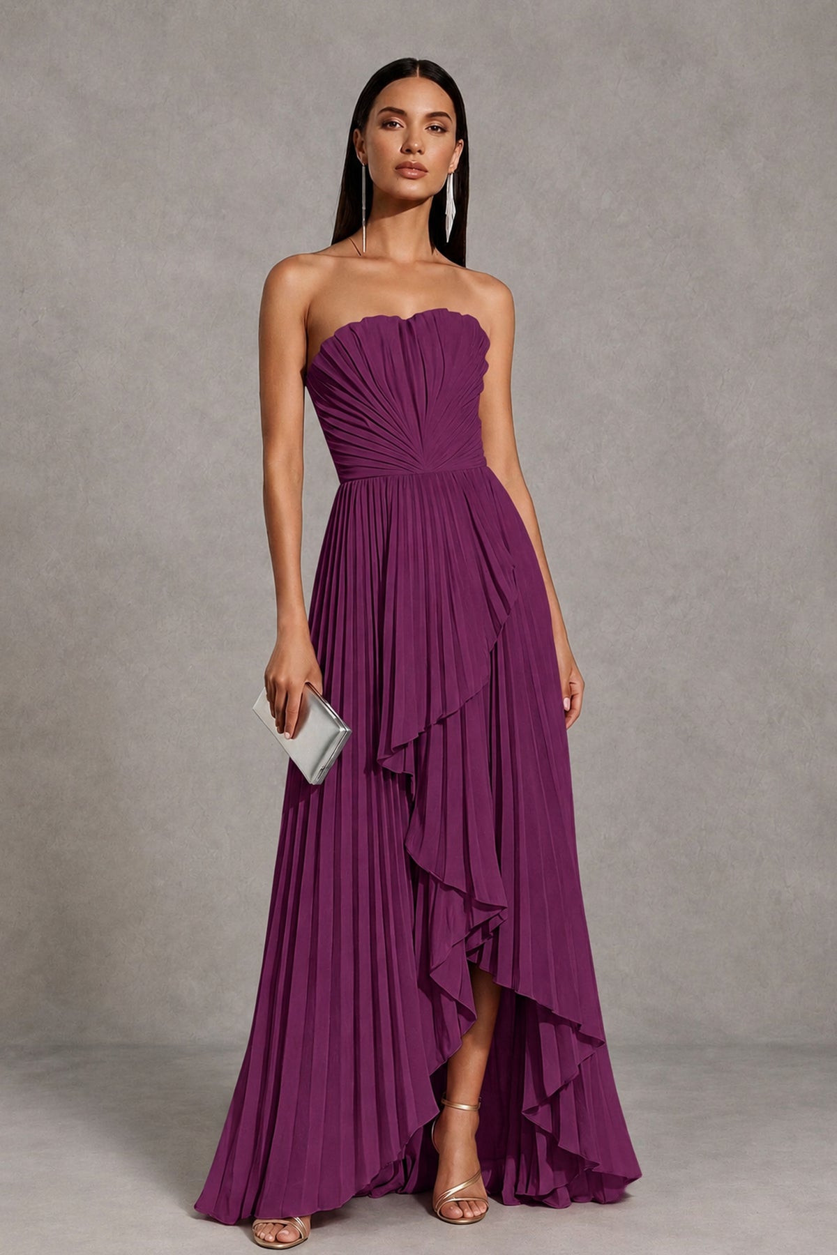 Plum Strapless Pleated High-Low Evening Gown with Ruffle Hem - Plum