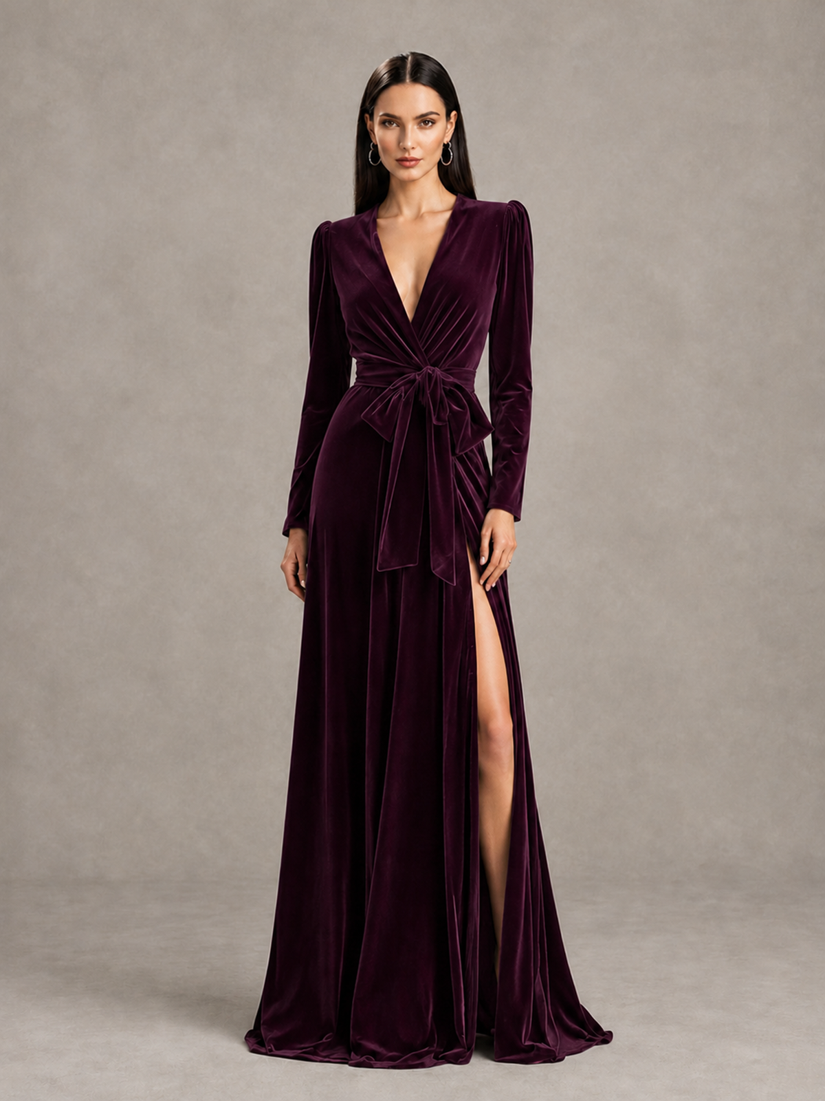 BOLODOO Plum Long Sleeve Velvet-Look Evening Dress with High Slit - Plum - Plum_1