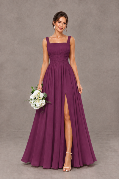 BOLODOO Plum Square Neck A-Line Bridesmaid Dress with Slit - Plum - Plum_1