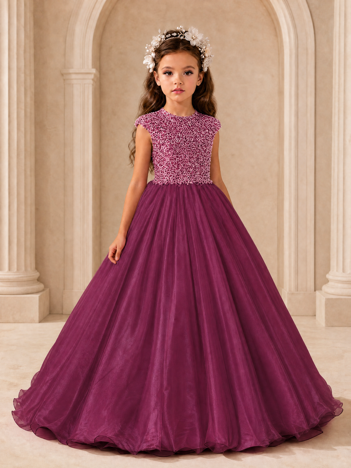 BOLODOO Plum Sequin Tulle Flower Girl Dress with Cap Sleeves - Plum - Plum_1