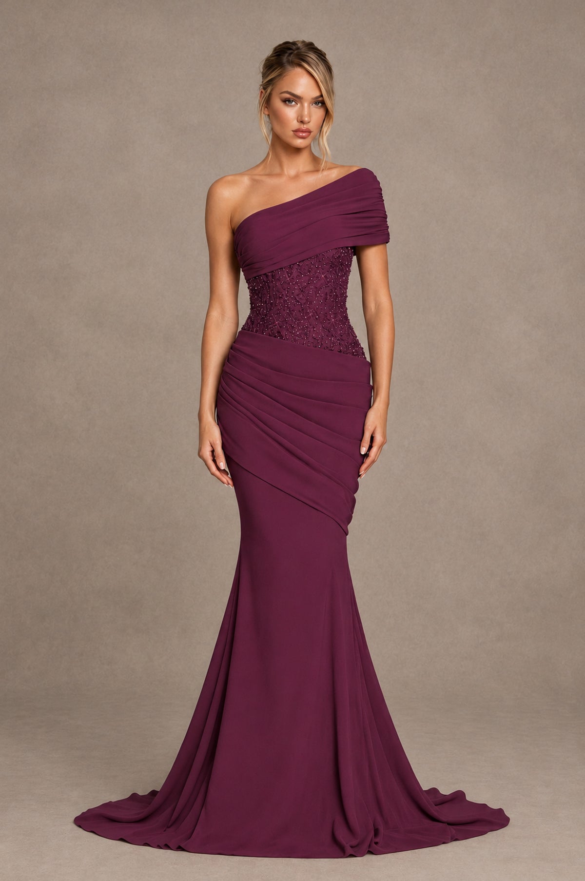 BOLODOO Plum One-Shoulder Sequin Embroidered Ruched Mermaid Gown with Train - Plum - Plum_1