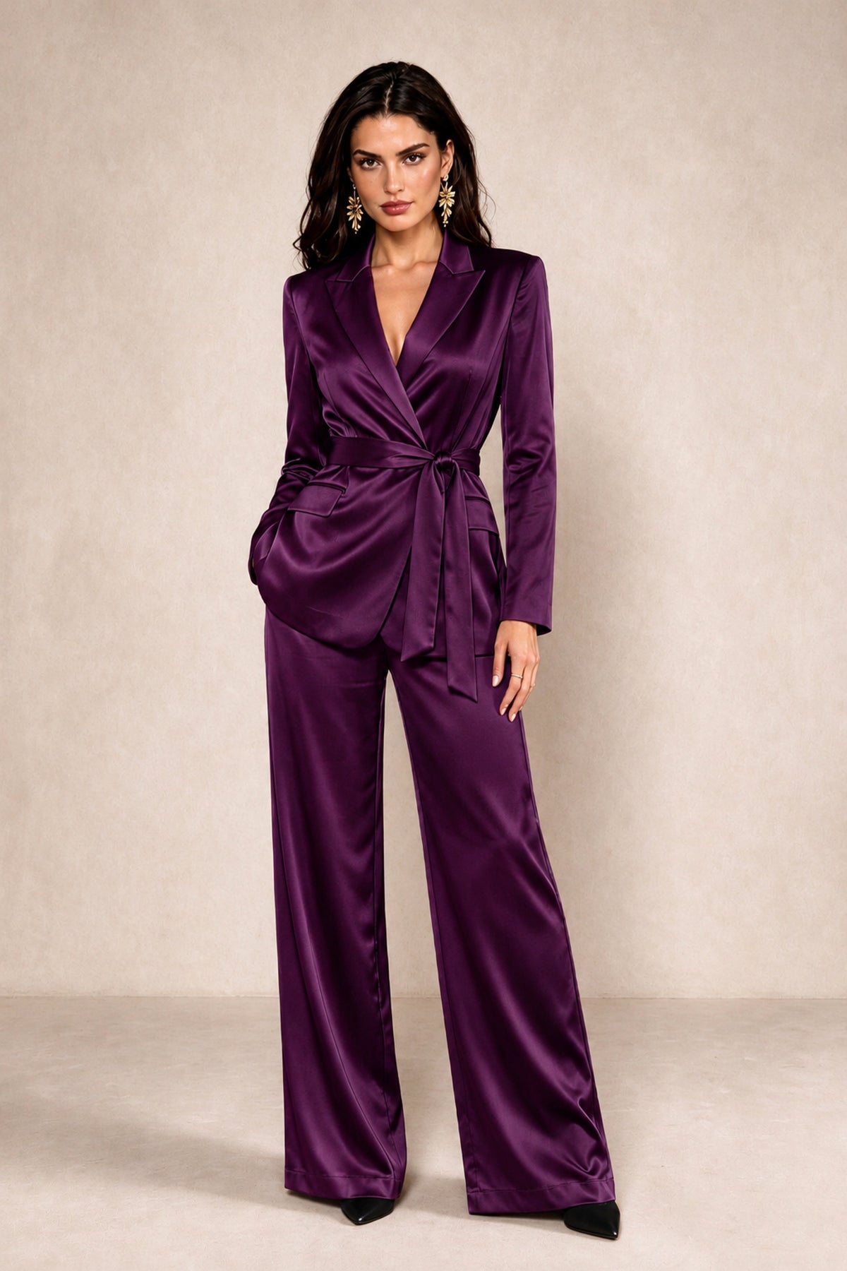 BOLODOO Plum Satin Wrap Blazer Wide-Leg Pants Two-Piece Suit Set – Evening Gala Wedding Guest - Plum - Plum_1