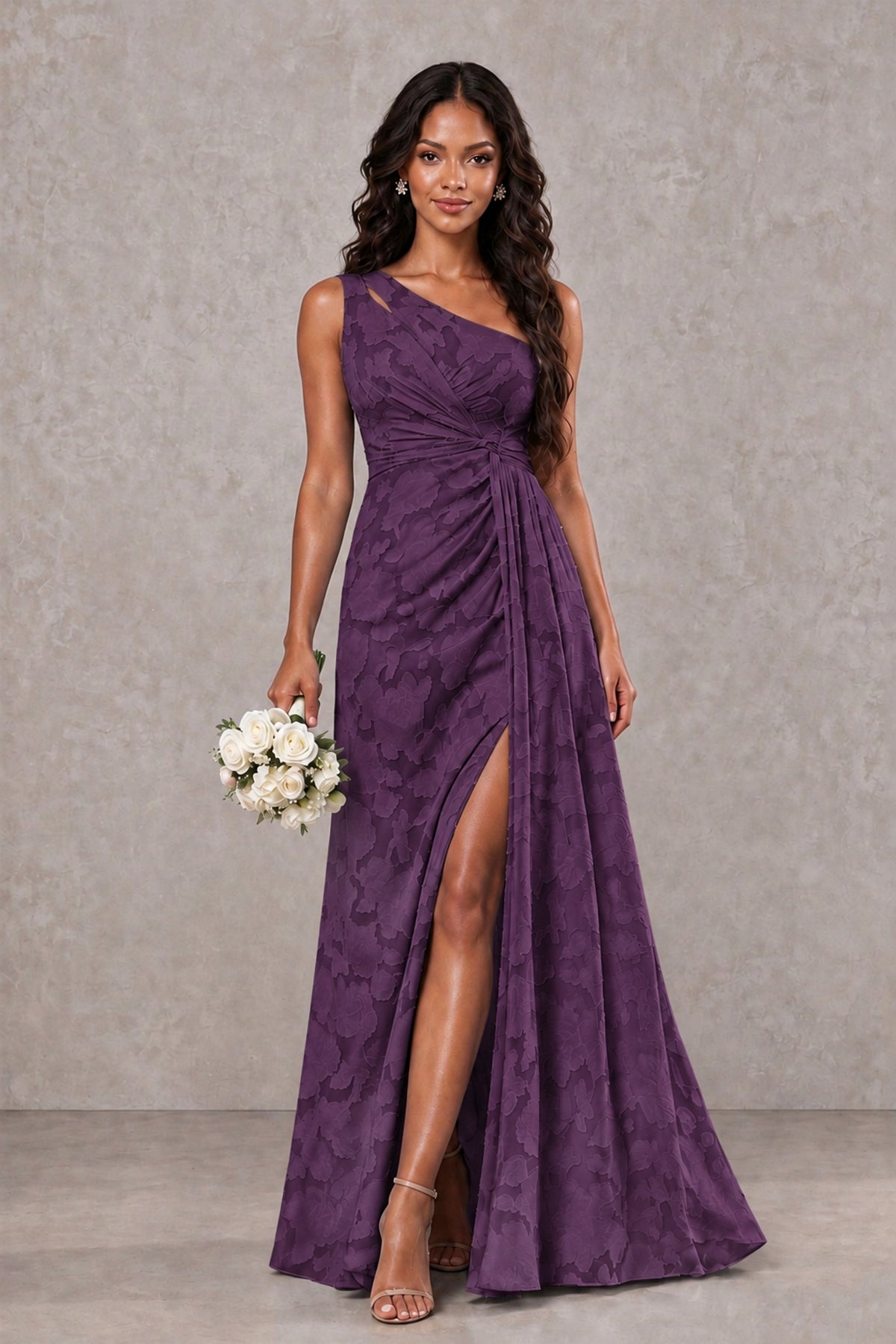 BOLODOO Plum One-Shoulder Floral Textured Maxi Dress with High Slit - Plum - Plum_1