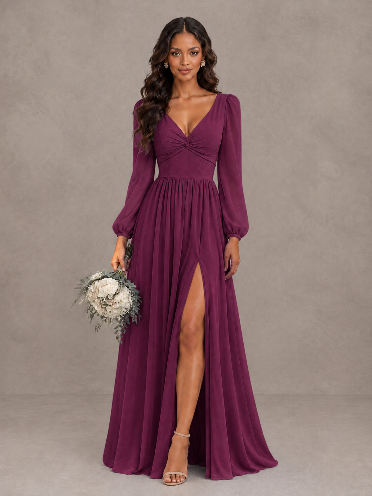 BOLODOO Plum V-Neck Long Sleeve Bridesmaid Dress with Tie Back and Slit - Plum - Plum_1
