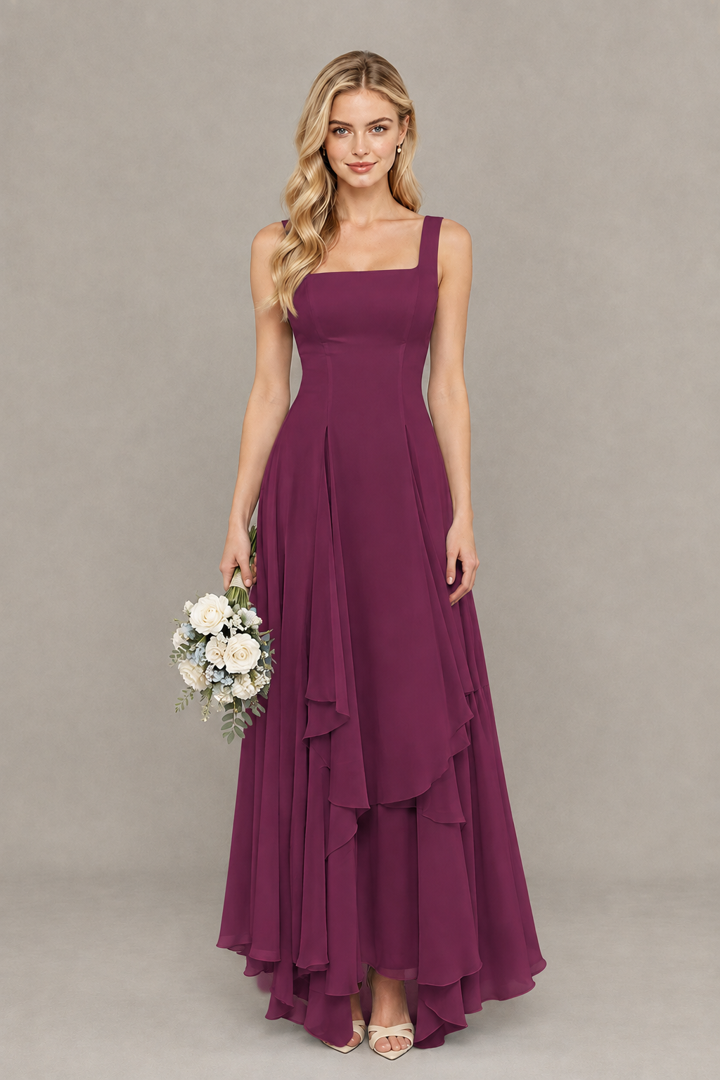 BOLODOO Plum Square Neck Chiffon Bridesmaid Dress with Lace-Up Back - Plum