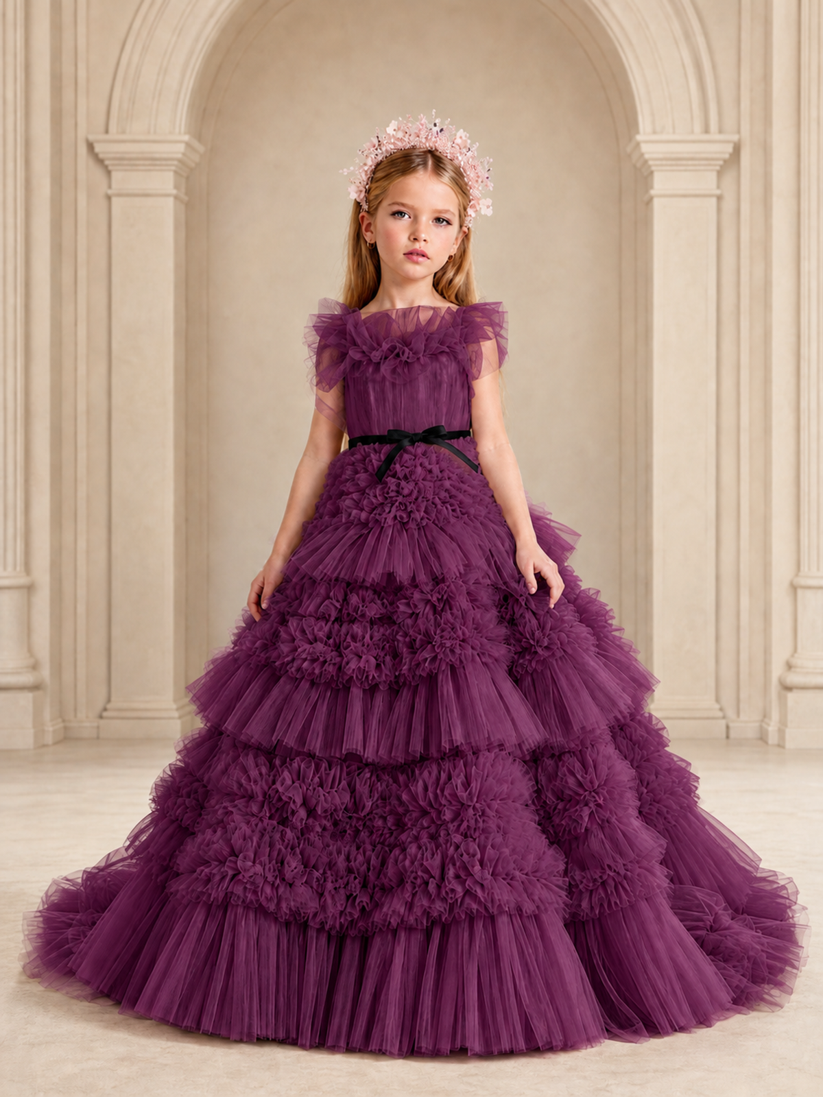 BOLODOO Plum Tiered Tulle Flower Girl Dress with Floral Appliques - Plum - Plum_1