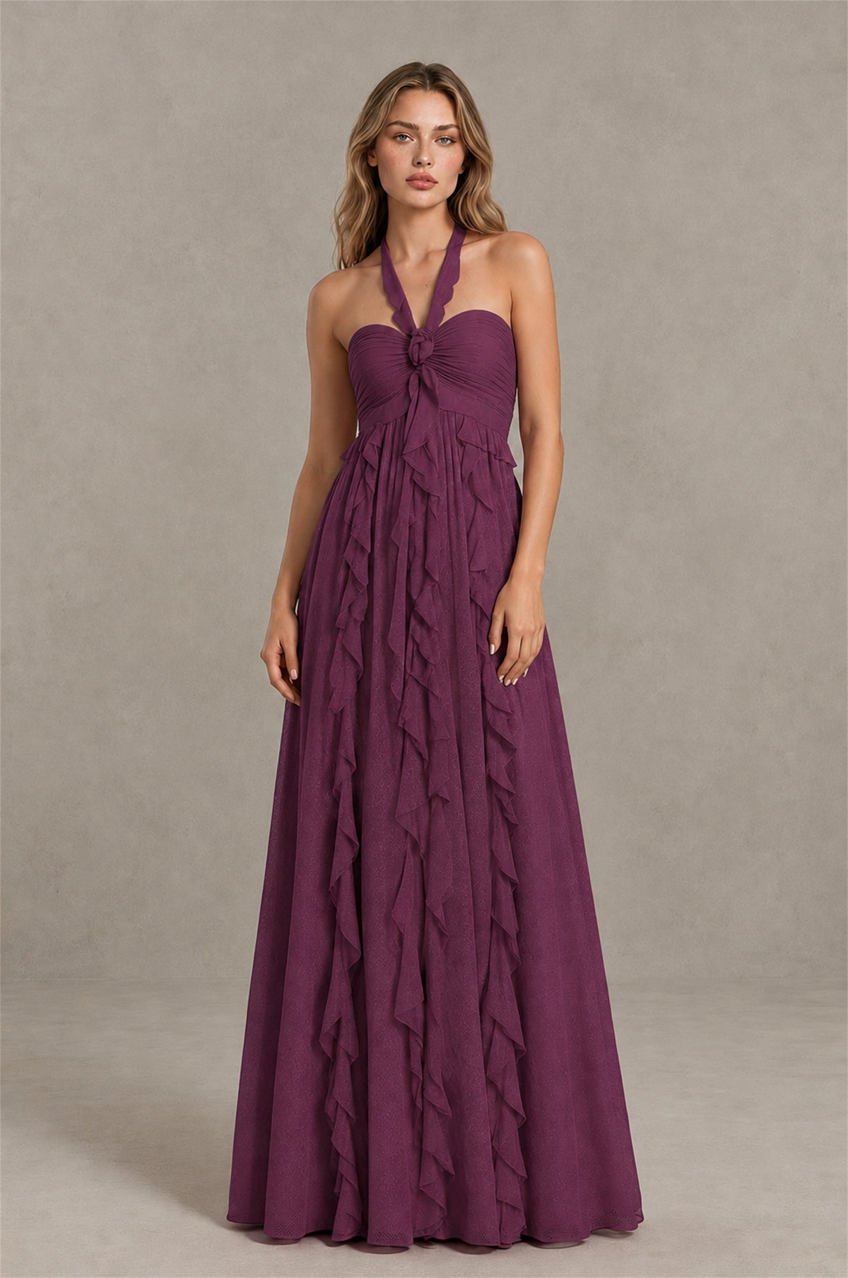 BOLODOO Plum Halter Ruffle A-Line Floor-Length Evening Dress - Plum - Plum_1
