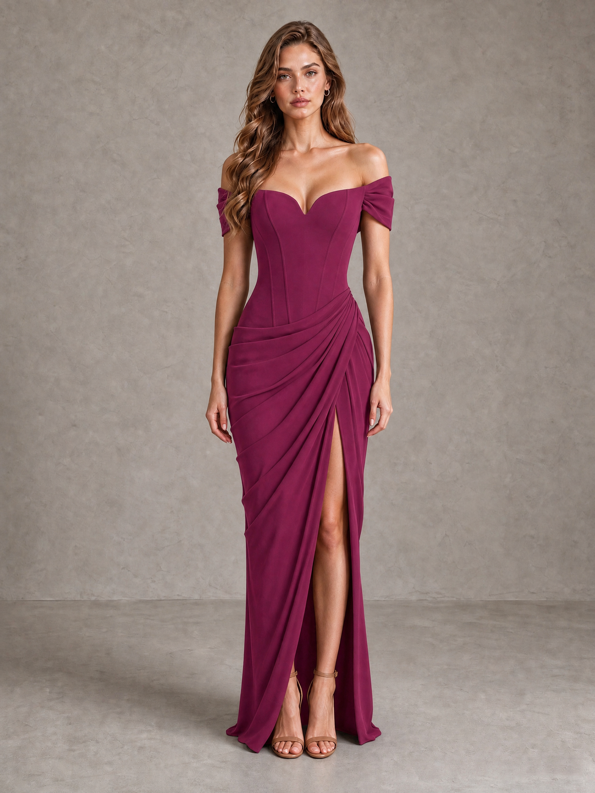 BOLODOO Plum Off-Shoulder Ruched Corset Wedding Guest Dress with Slit - Plum - Plum_1