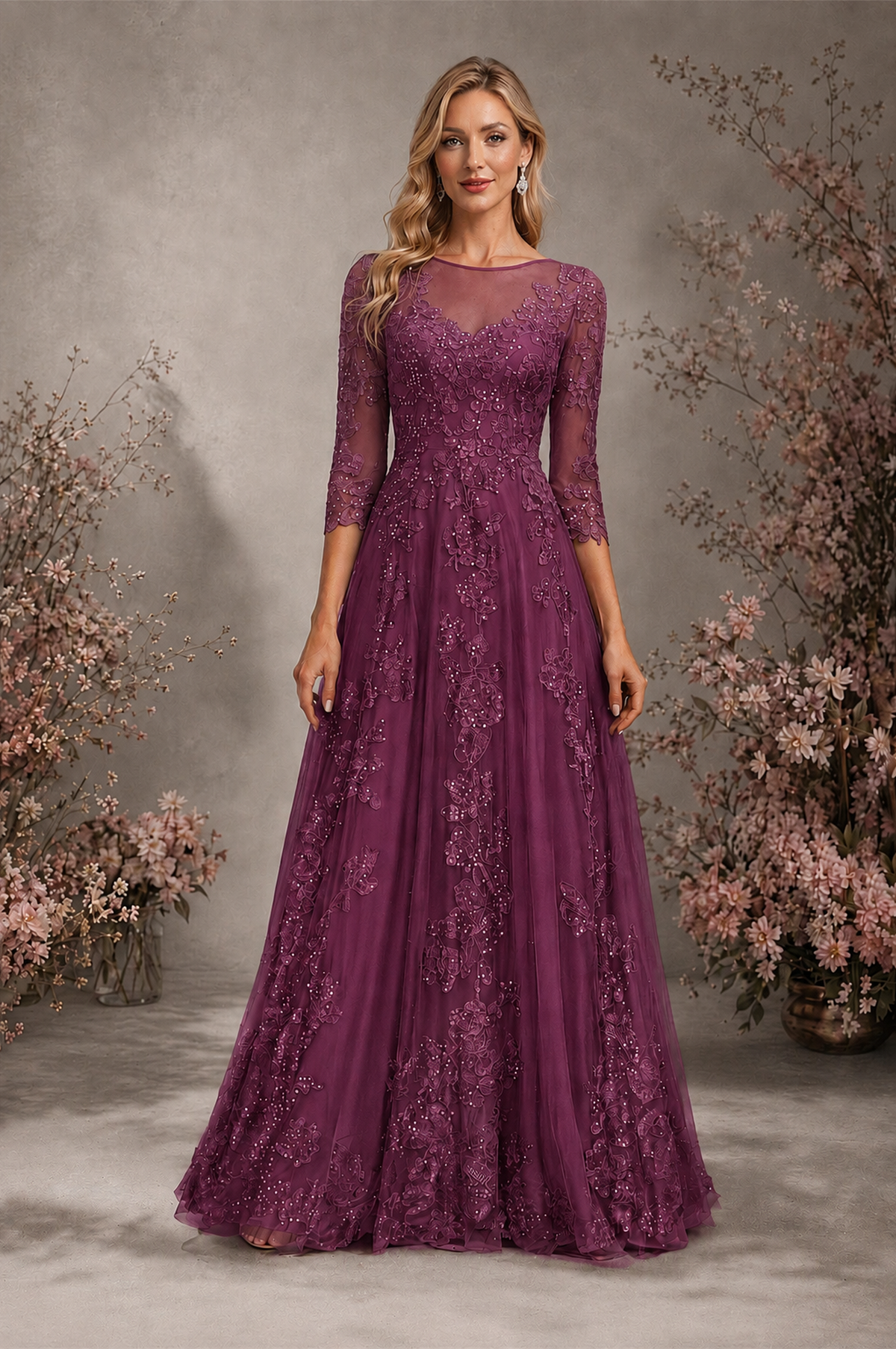 BOLODOO Plum Sequin Lace 3/4 Sleeve Open Back Formal Evening Gown - Plum