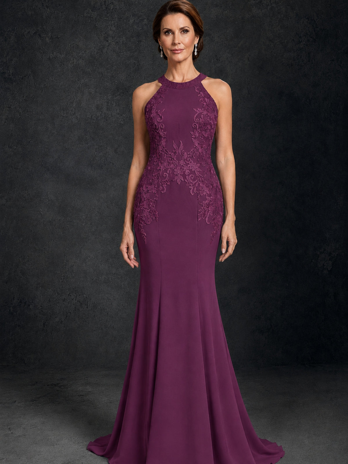 BOLODOO Plum Lace Applique Halter Neck Sheer Back Mermaid Maxi Dress with Sweep Train - Plum