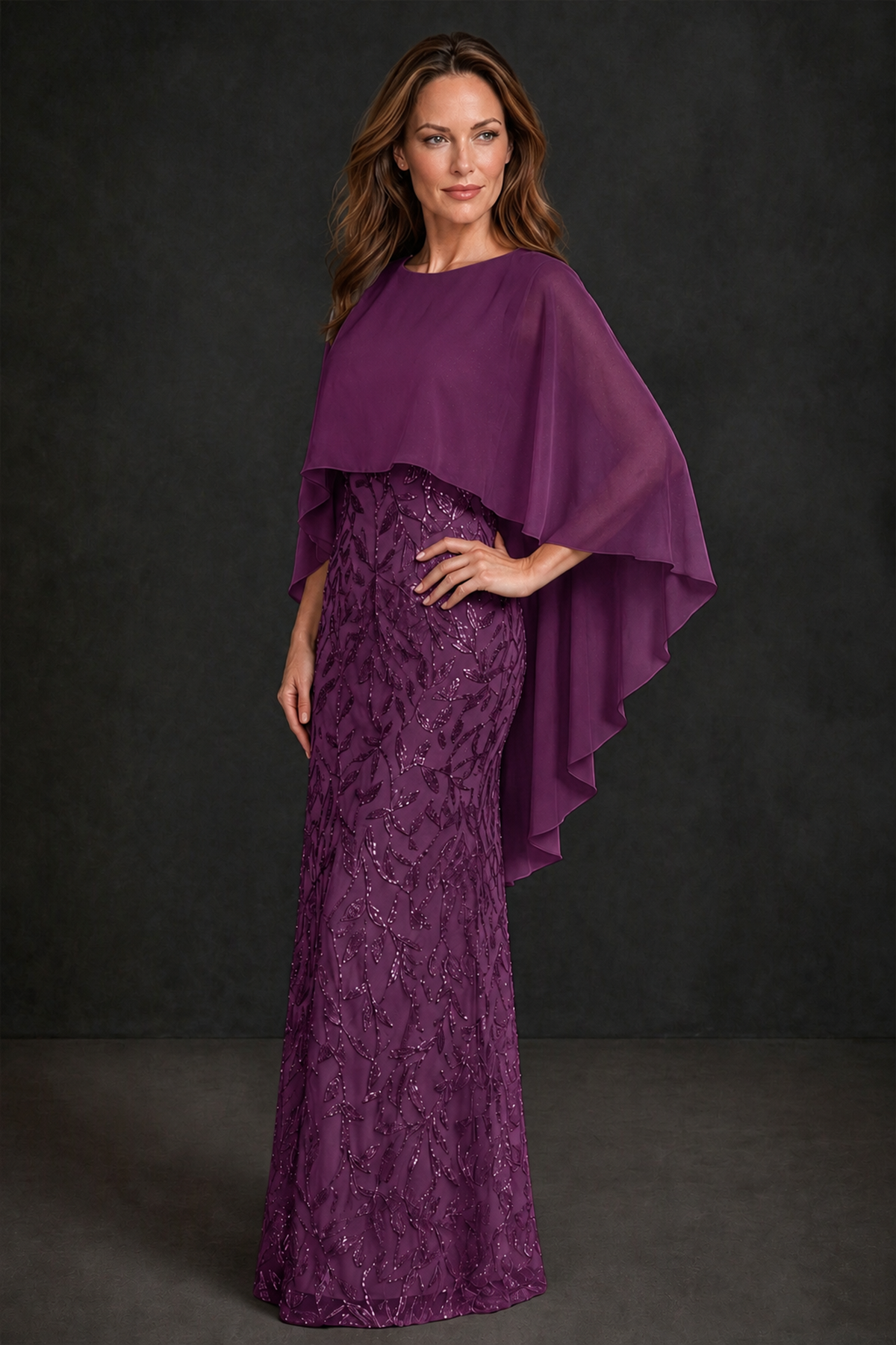 BOLODOO Plum Round Neck Chiffon Cape Overlay Sequin Lace Mermaid Maxi Dress - Plum - Plum_1