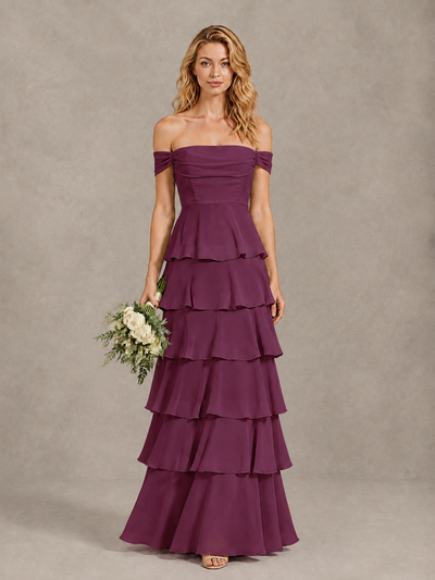 BOLODOO Plum Off-Shoulder Tiered Ruffle Bridesmaid Dress with Lace-Up Back - Plum - Plum_1