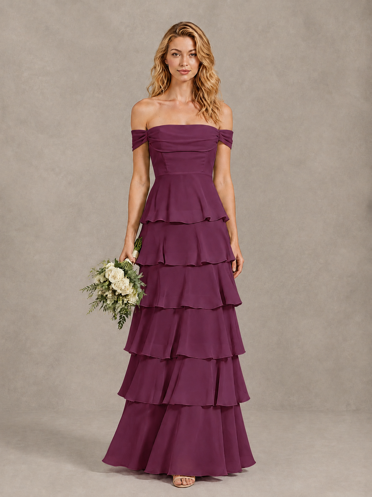 BOLODOO Plum Off-Shoulder Tiered Ruffle Bridesmaid Dress with Lace-Up Back - Plum - Plum_1