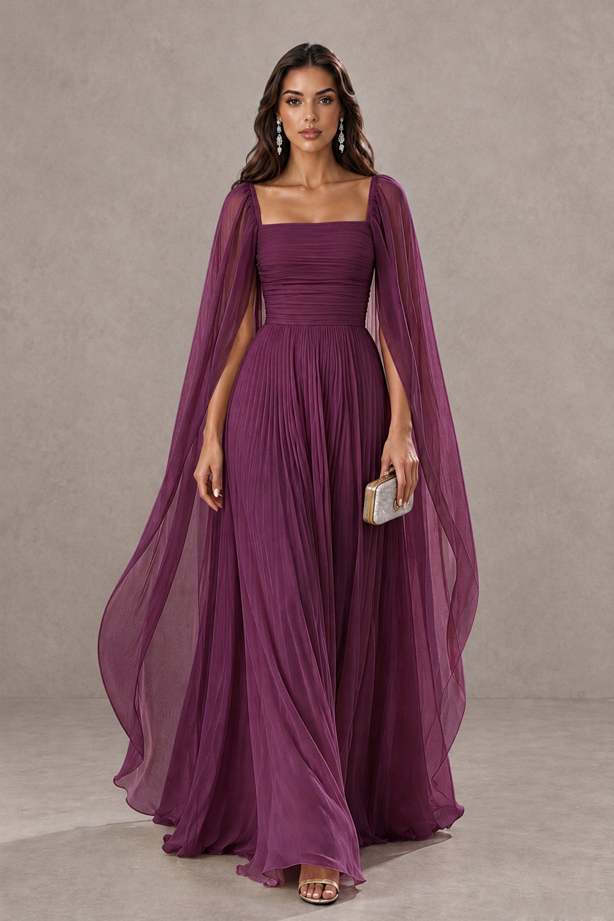 BOLODOO Plum Square Neck Cape Sleeve A-Line Evening Dress - Plum - Plum_1
