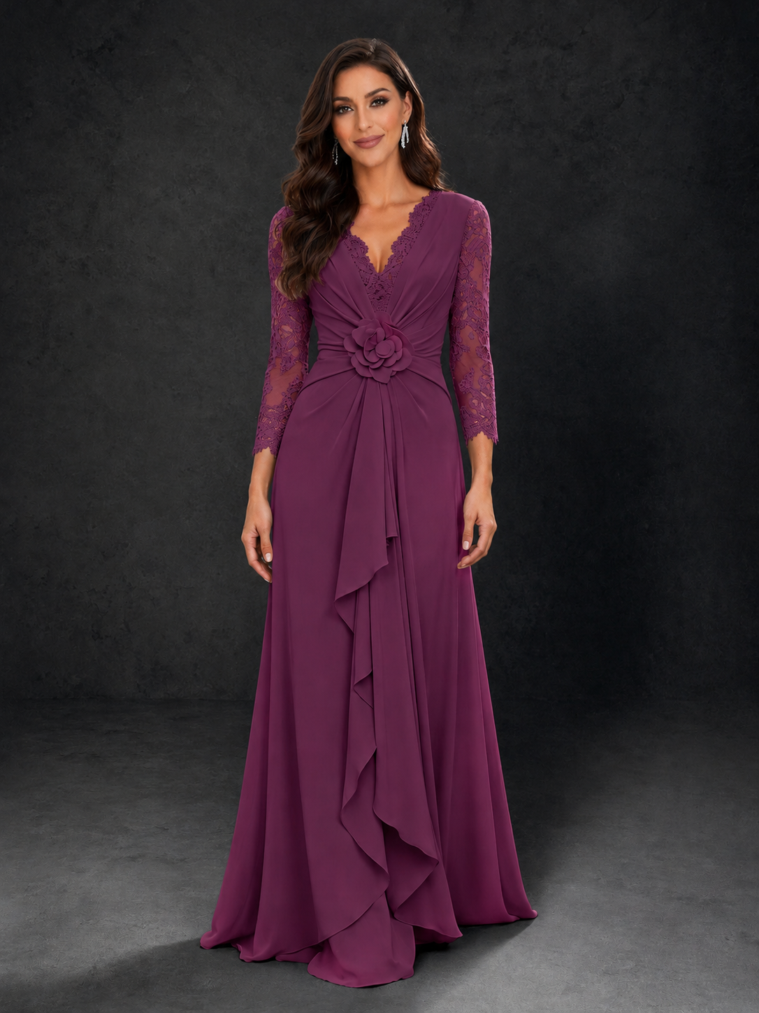 BOLODOO Plum Lace Sleeve V-Neck Floral Waist Chiffon A-Line Maxi Dress - Plum