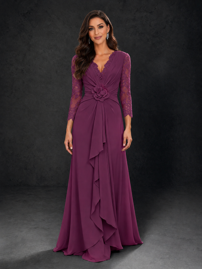 BOLODOO Plum Lace Sleeve V-Neck Floral Waist Chiffon A-Line Maxi Dress - Plum