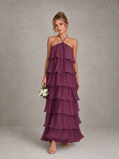 BOLODOO Plum Halter Tiered Ruffle Maxi Bridesmaid Dress - Plum - Plum_1