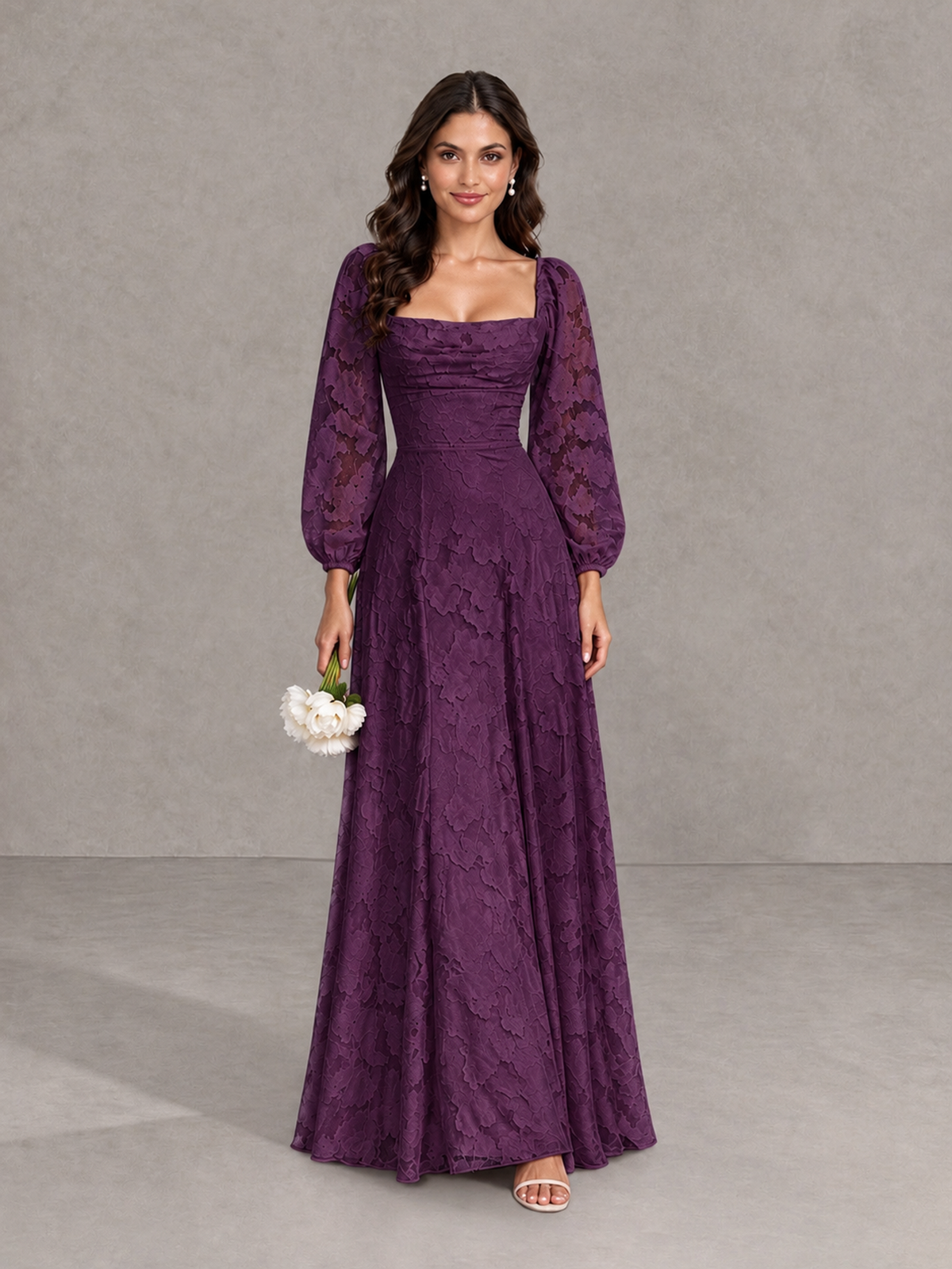 BOLODOO Plum Floral Long Sleeve A-Line Bridesmaid Dress - Plum - Plum_1