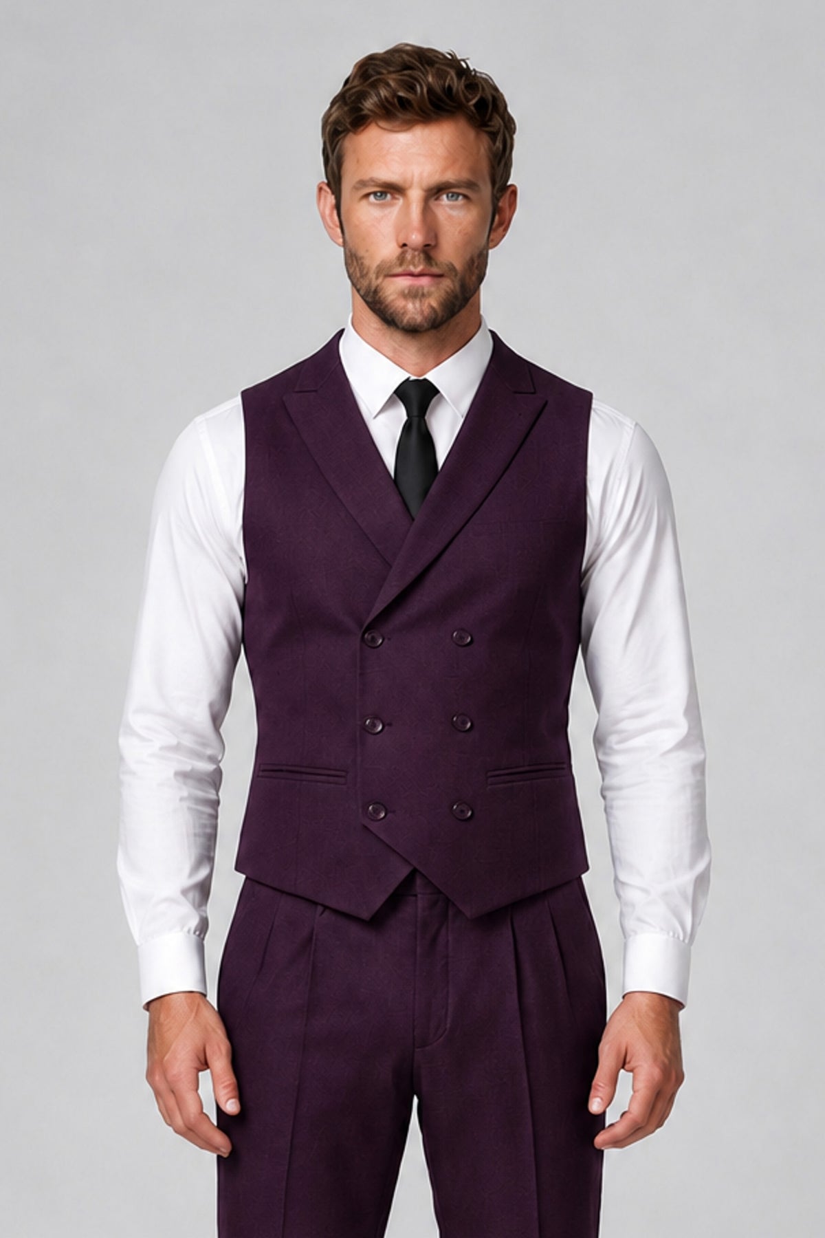 Bolodoo Men's Plum Double-Breasted Vest and Pants 2-Piece Suit - Plum - Plum_1