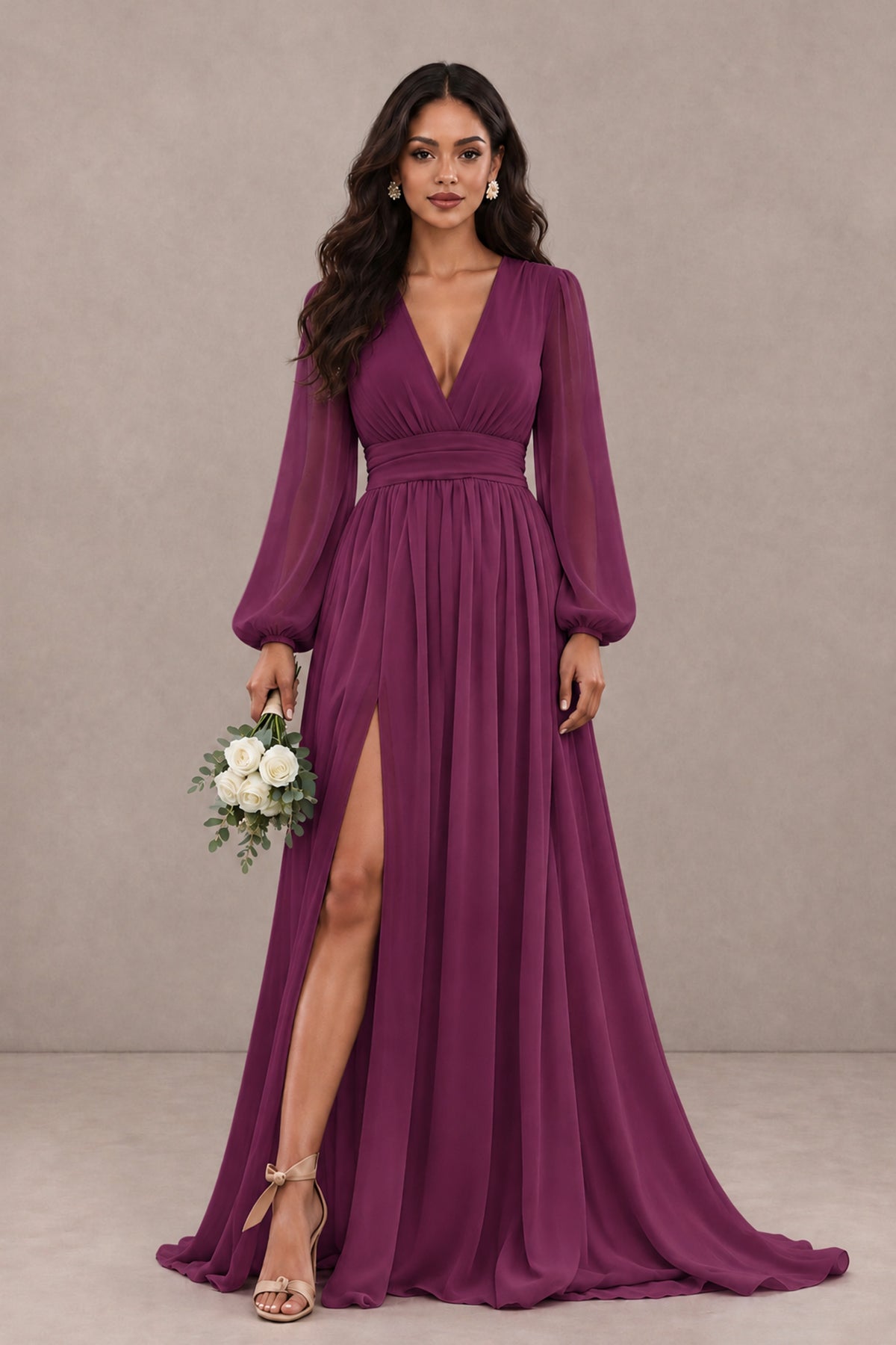 BOLODOO Plum Long Sleeve V-Neck A-Line Gown with Open Back & Slit - Plum - Plum_1