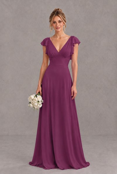 BOLODOO Plum V-Neck Flutter Sleeve A-Line Bridesmaid Dress - Plum - Plum_1