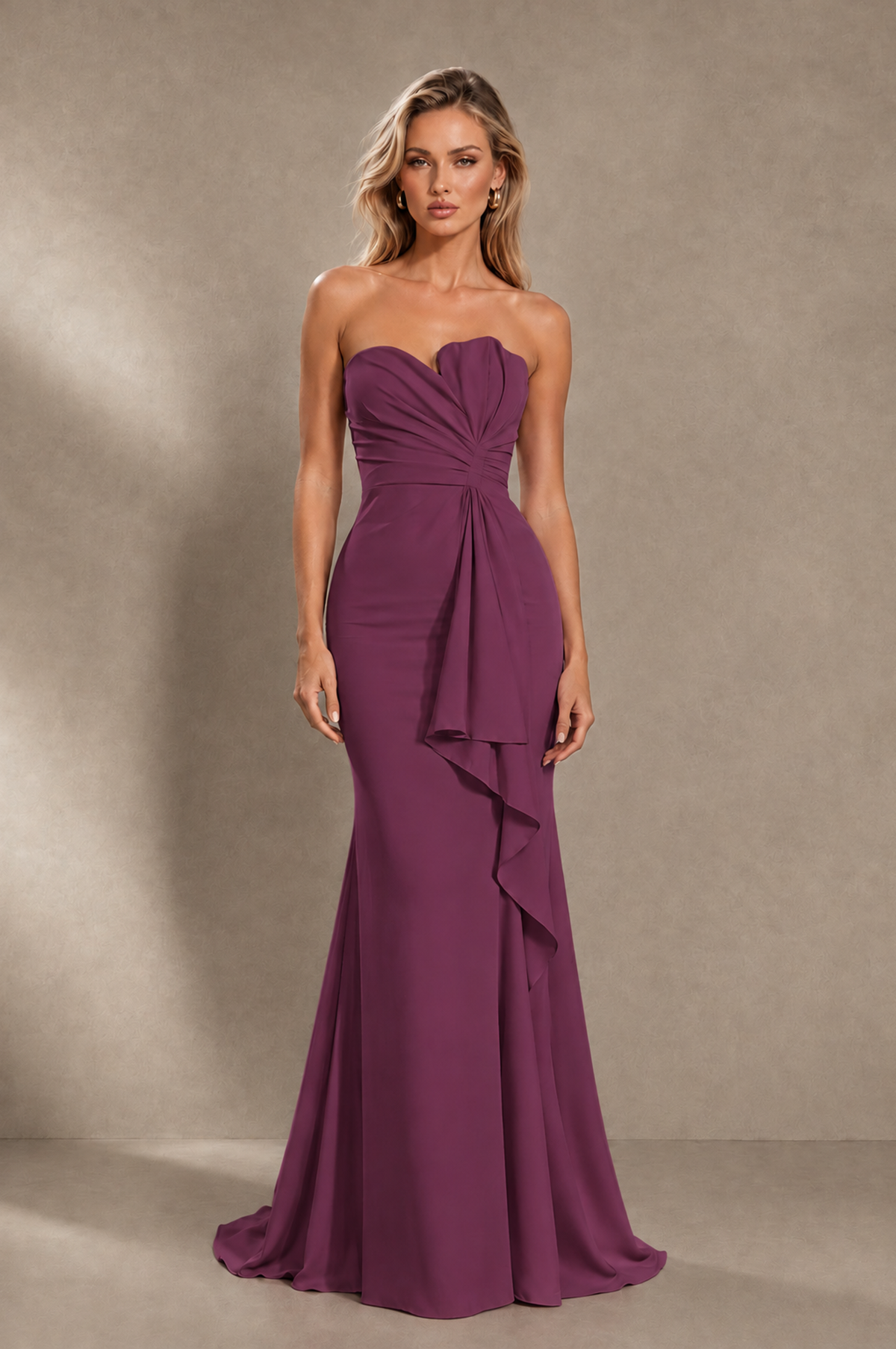 BOLODOO Plum Strapless Sweetheart Ruched Mermaid Gown | Cascade Drape Formal Evening Dress - Plum - Plum_1