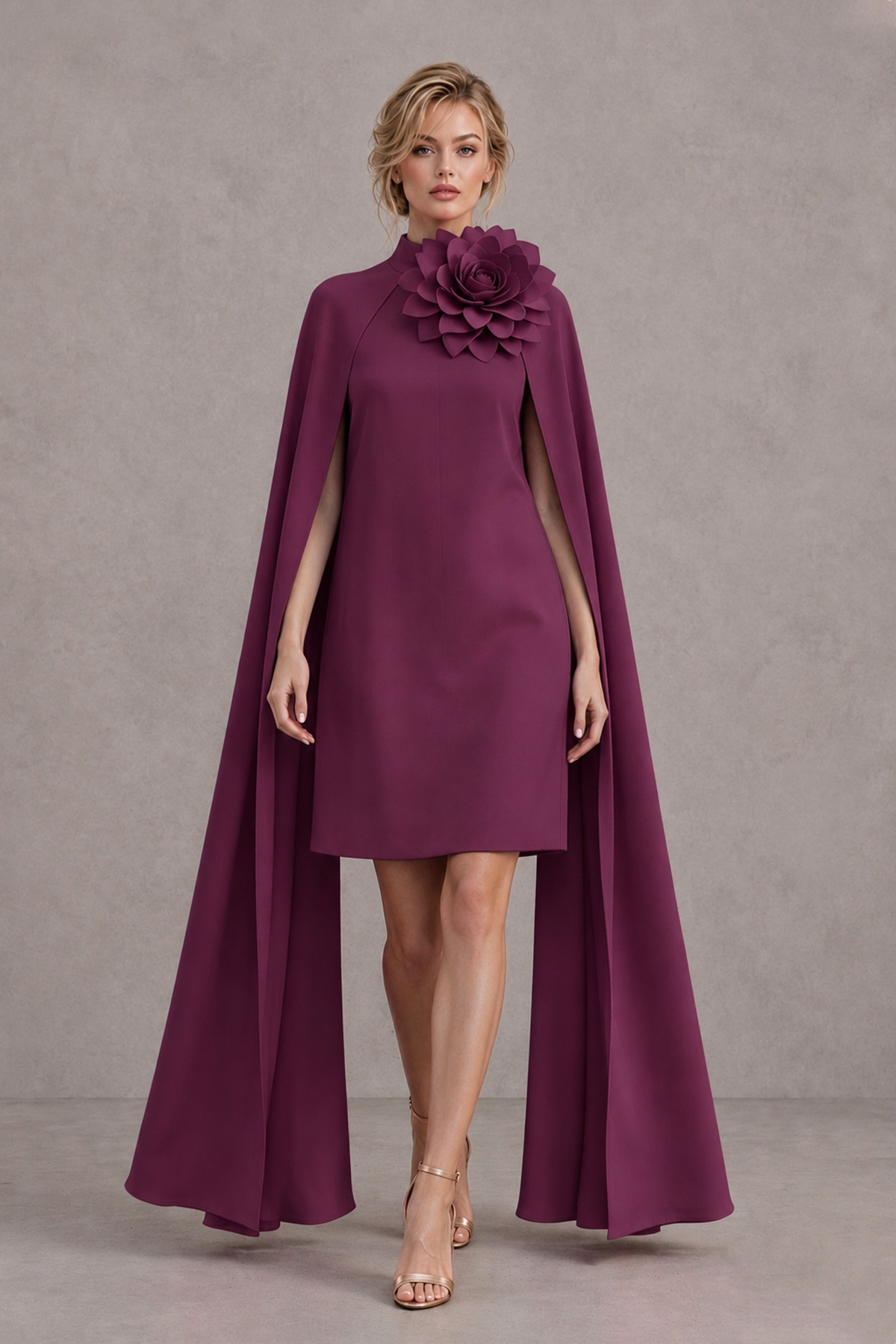 BOLODOO Plum High Neck Floral Cape Mini Cocktail Dress - Plum - Plum_1