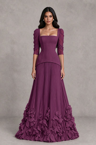 BOLODOO Plum Square Neck Pleated Floral Applique Evening Dress - Plum - Plum_1