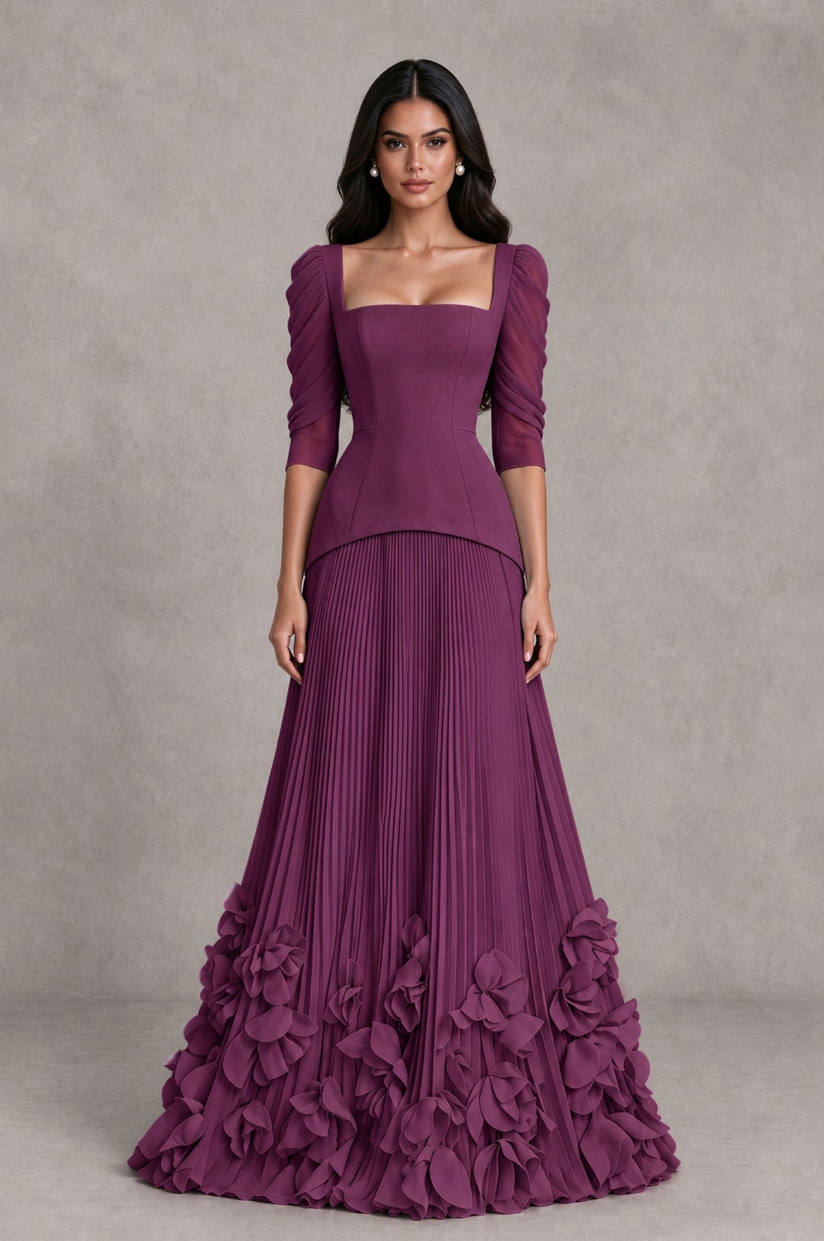 BOLODOO Plum Square Neck Pleated Floral Applique Evening Dress - Plum - Plum_1