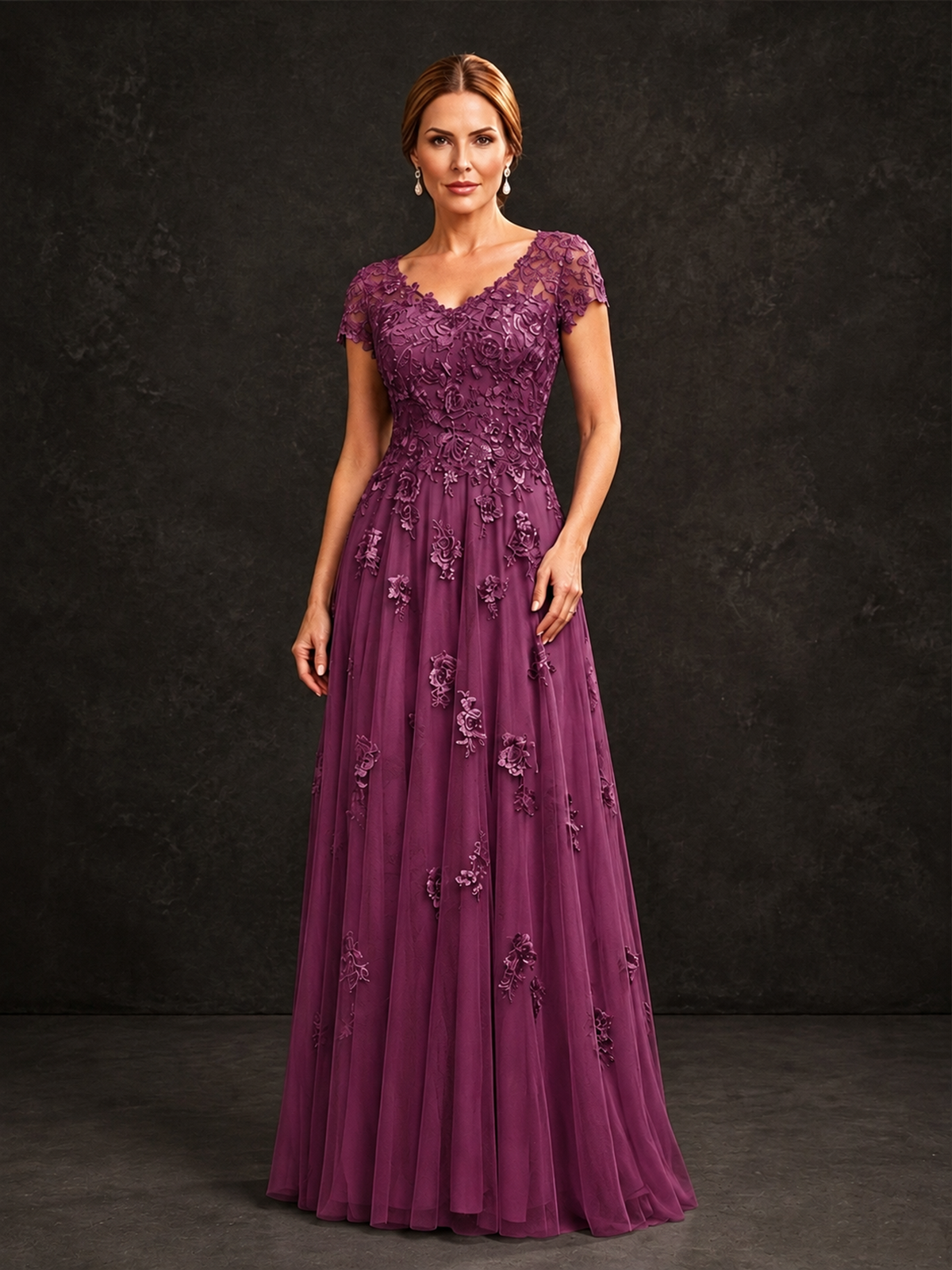 BOLODOO Plum Cap Sleeve Lace Appliqué A-Line Formal Gown | Mother of the Bride Dress - Plum - Plum_1