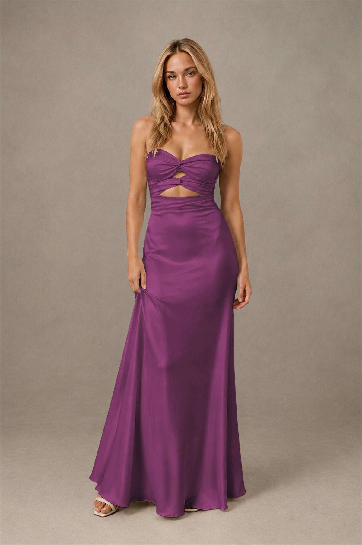 BOLODOO Plum Sweetheart Strapless Twist Knot Cutout Lace-Up Back Satin Mermaid Maxi Dress - Plum - Plum(1)