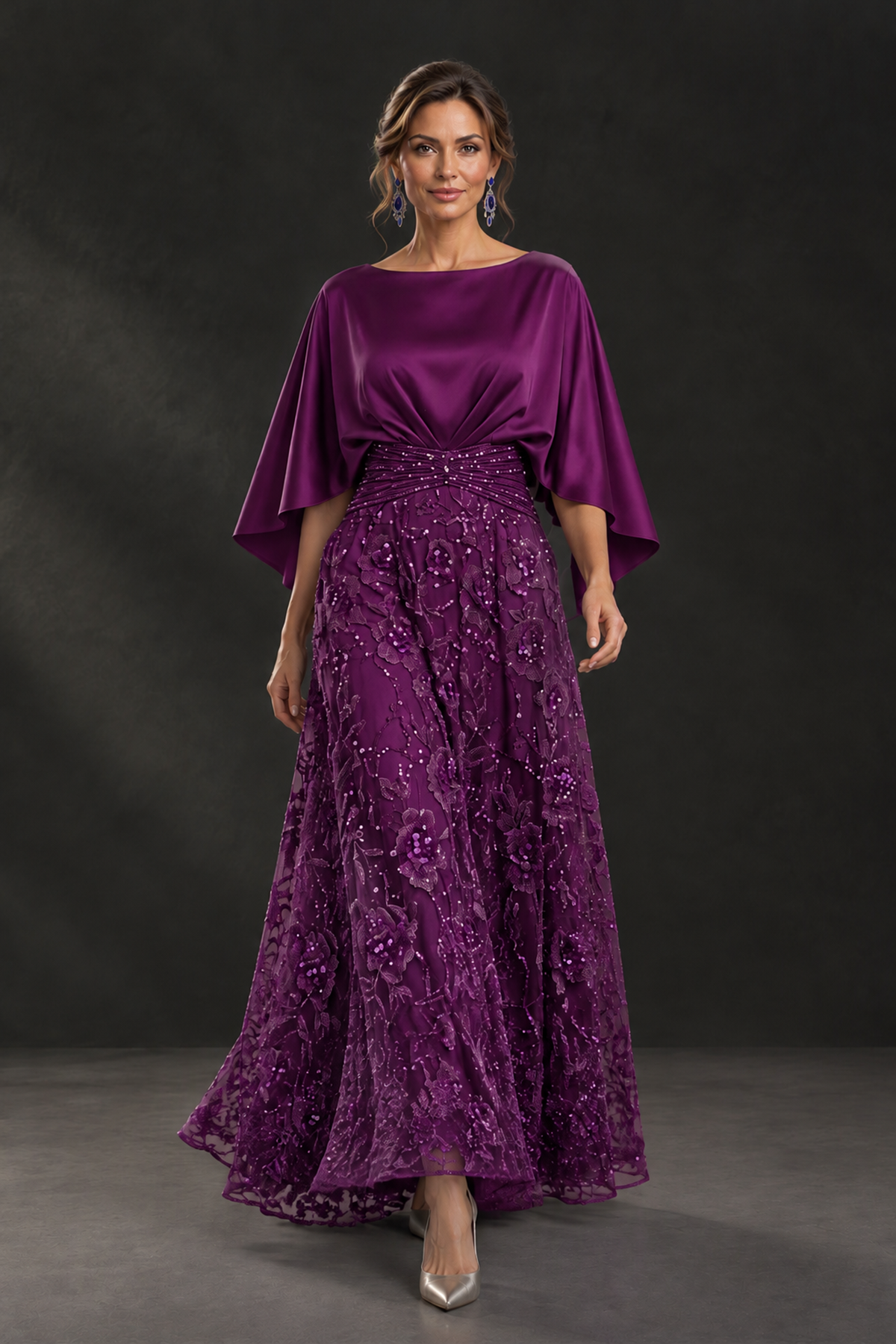 BOLODOO Plum Cape Sleeve Floral Mother of the Bride Dress - Plum - Plum_1