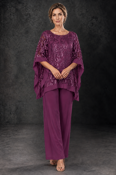 BOLODOO Plum Floral Cape Mother of the Bride Pant Suit - Plum - Plum_1
