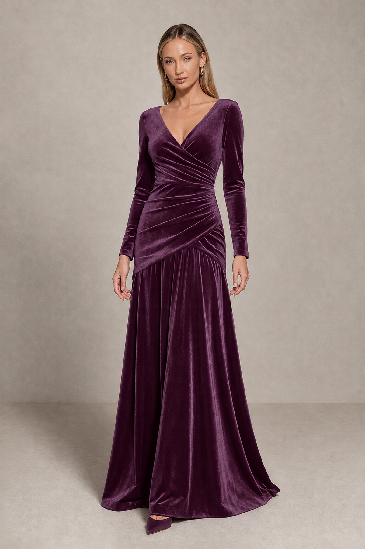 BOLODOO Plum Velvet Long Sleeve V-Neck Ruched Evening Dress - Plum - Plum_1