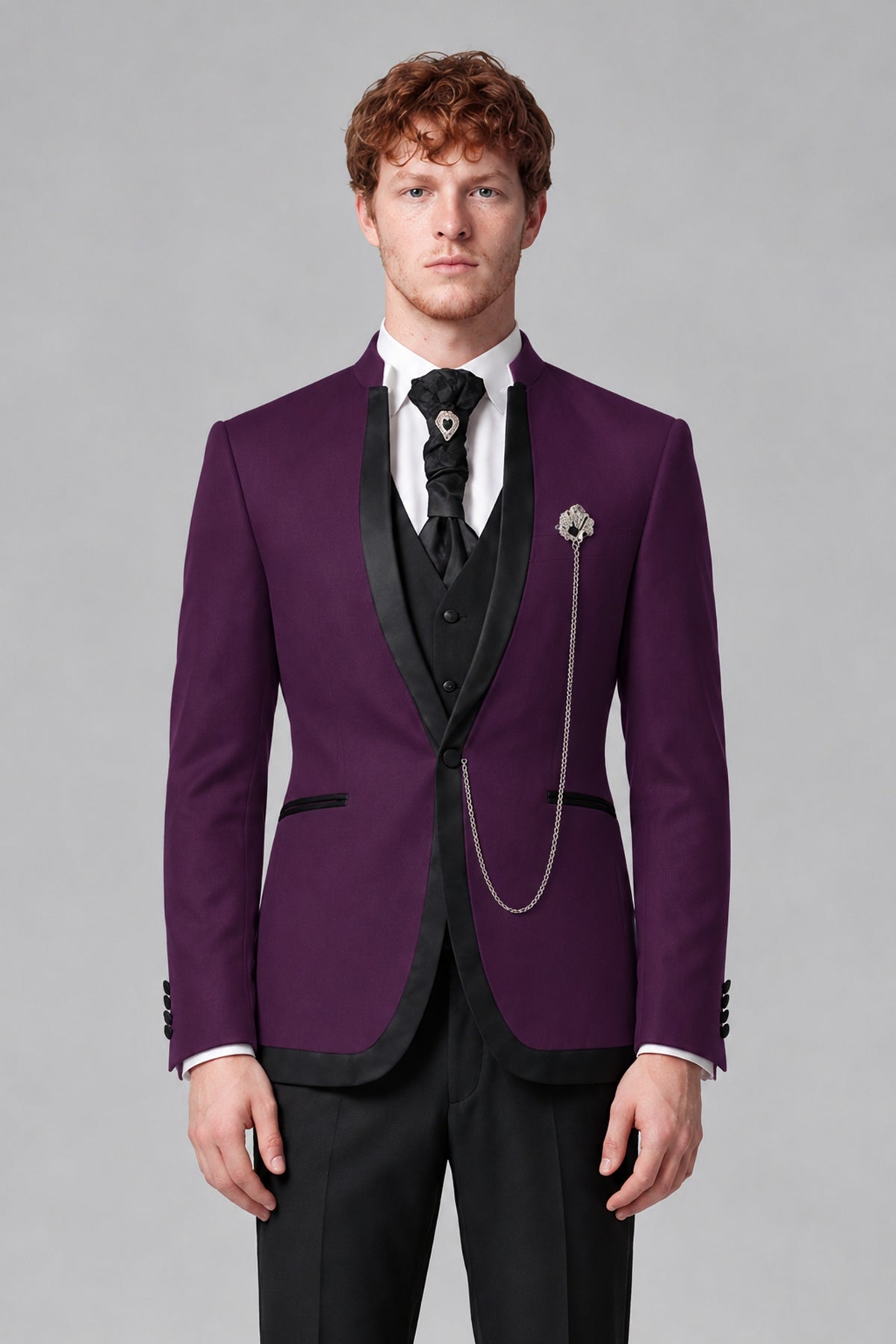 Bolodoo Men's Plum 3-Piece Shawl Lapel Tuxedo Suit with Vest - Plum - Plum_1