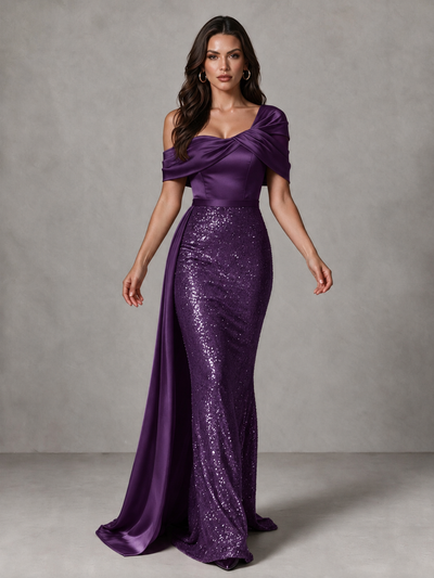 BOLODOO Plum Sequin Mermaid Evening Dress with Off-Shoulder Satin Drape and Sweep Train - Plum - Plum_1