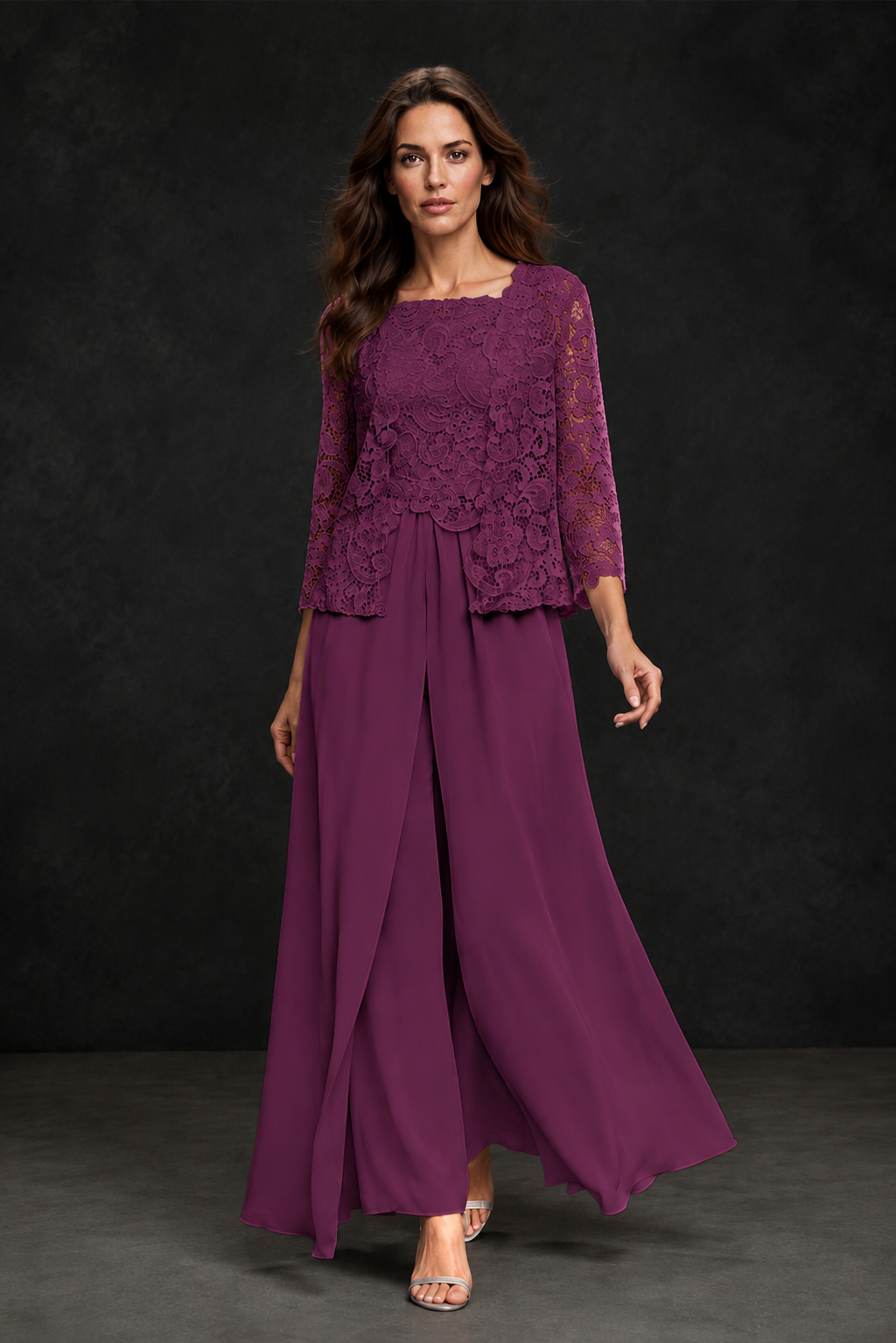 BOLODOO Plum Grey Lace Peplum Top & Wide-Leg Chiffon Pants Set | Mother of the Bride & Formal Evening Outfit - Plum