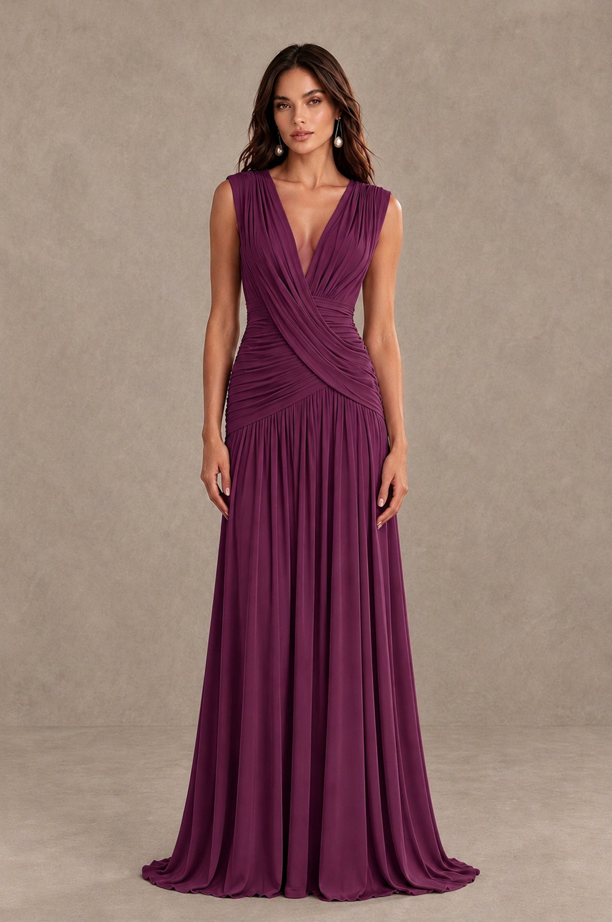 BOLODOO Plum V-Neck Ruched Wedding Guest Dress - Plum - Plum_1