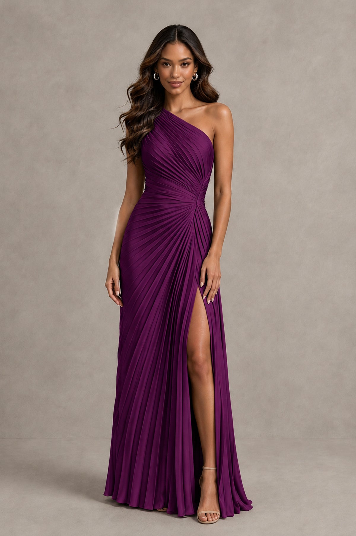 BOLODOO Plum One Shoulder Pleated Evening Dress with Ruched Waist and High Slit - Plum - Plum_1