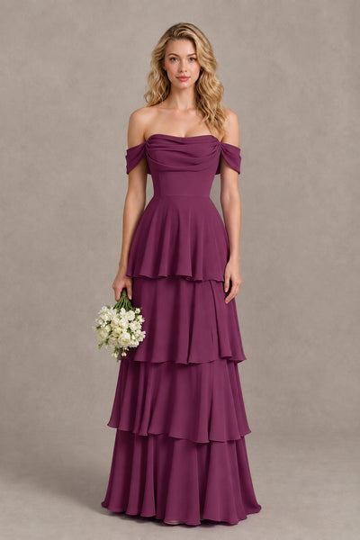BOLODOO Plum Off-the-Shoulder Tiered A-Line Evening Bridesmaid Dress - Plum - Plum_1